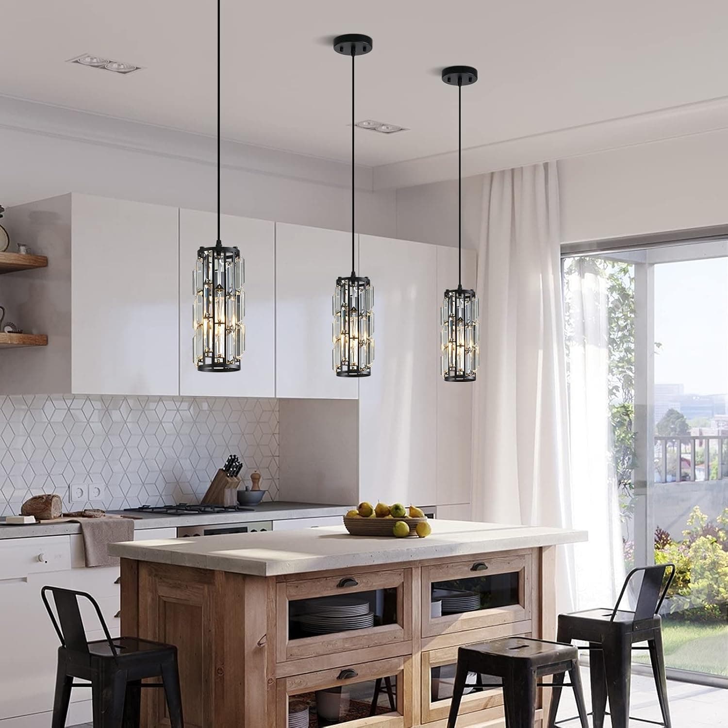 Iluminação Pendente Preta Moderna Luminária Pendente, Luzes Pendentes Ilha de Cozinha Luminária Pendente de Cristal, Mini Lustres de Cristal para Cozinha, Sala de Jantar e Quarto (Pacote com 3) - Imagem 4