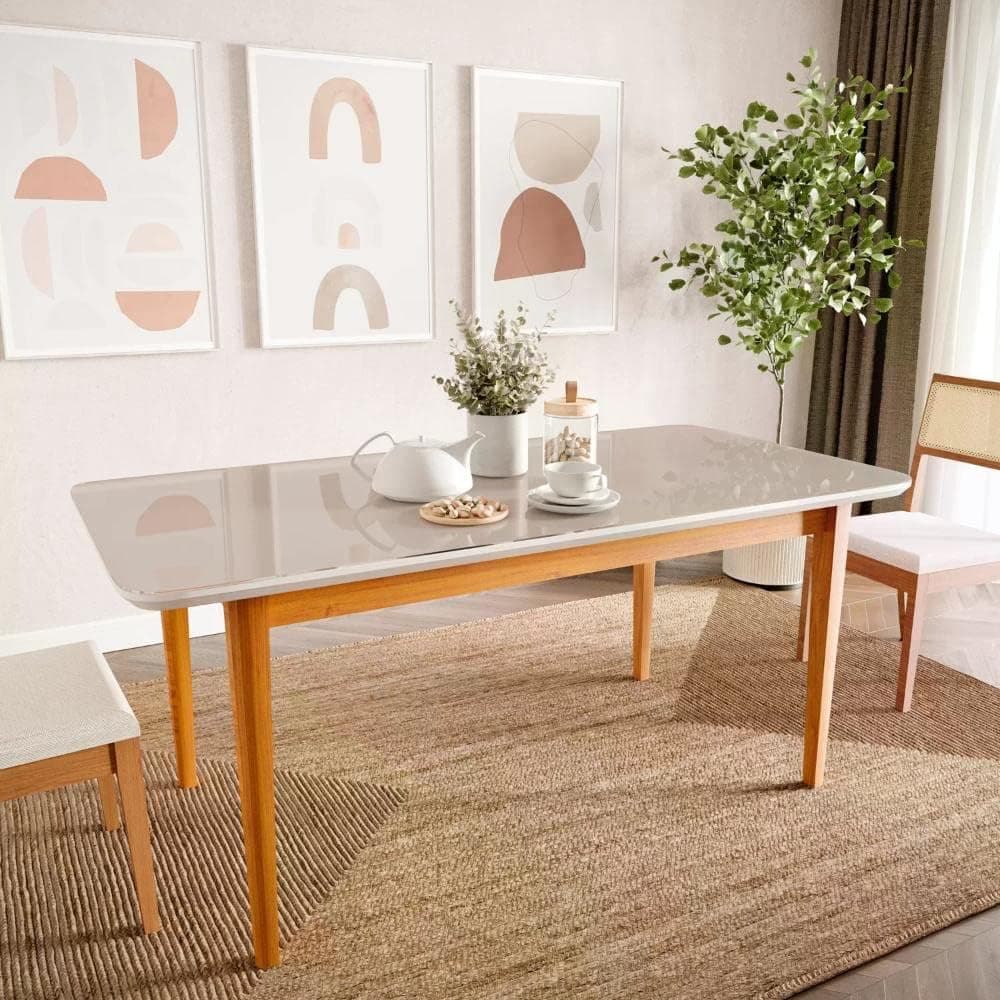 Mesa de Jantar 6 Lugares 1,80m Tampo Mdf e Vidro Pés Madeira Maciça Tangará Cabecasa Madeiramadeira Caramelo/off White
