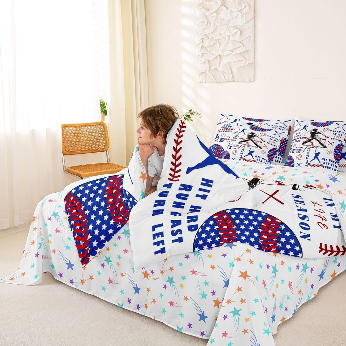 Feelyou Jogo de cama de beisebol personalizado, 7 peças, comer, dormir, beisebol, para crianças, meninos, meninas, amantes de esportes, em uma bolsa, branco, vermelho, azul, estampa de estrelas, macio - Imagem 4