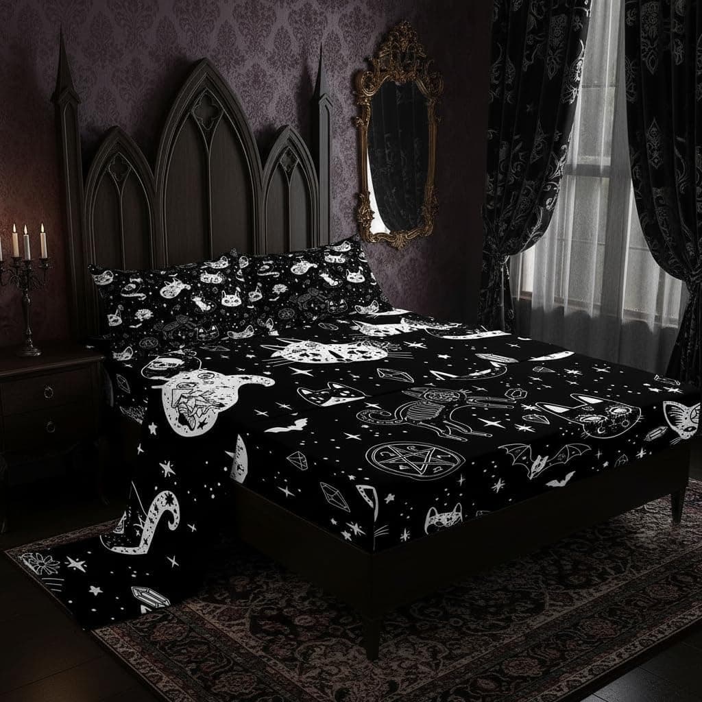 Conjunto de lençóis para cama de esqueleto de gato para crianças, tema de Halloween, conjunto de lençóis de caveira gótica, preto e branco, conjunto de lençóis para decoração de casa galáxia com bolso profundo, lençol de cima liso, tamanho solteiro