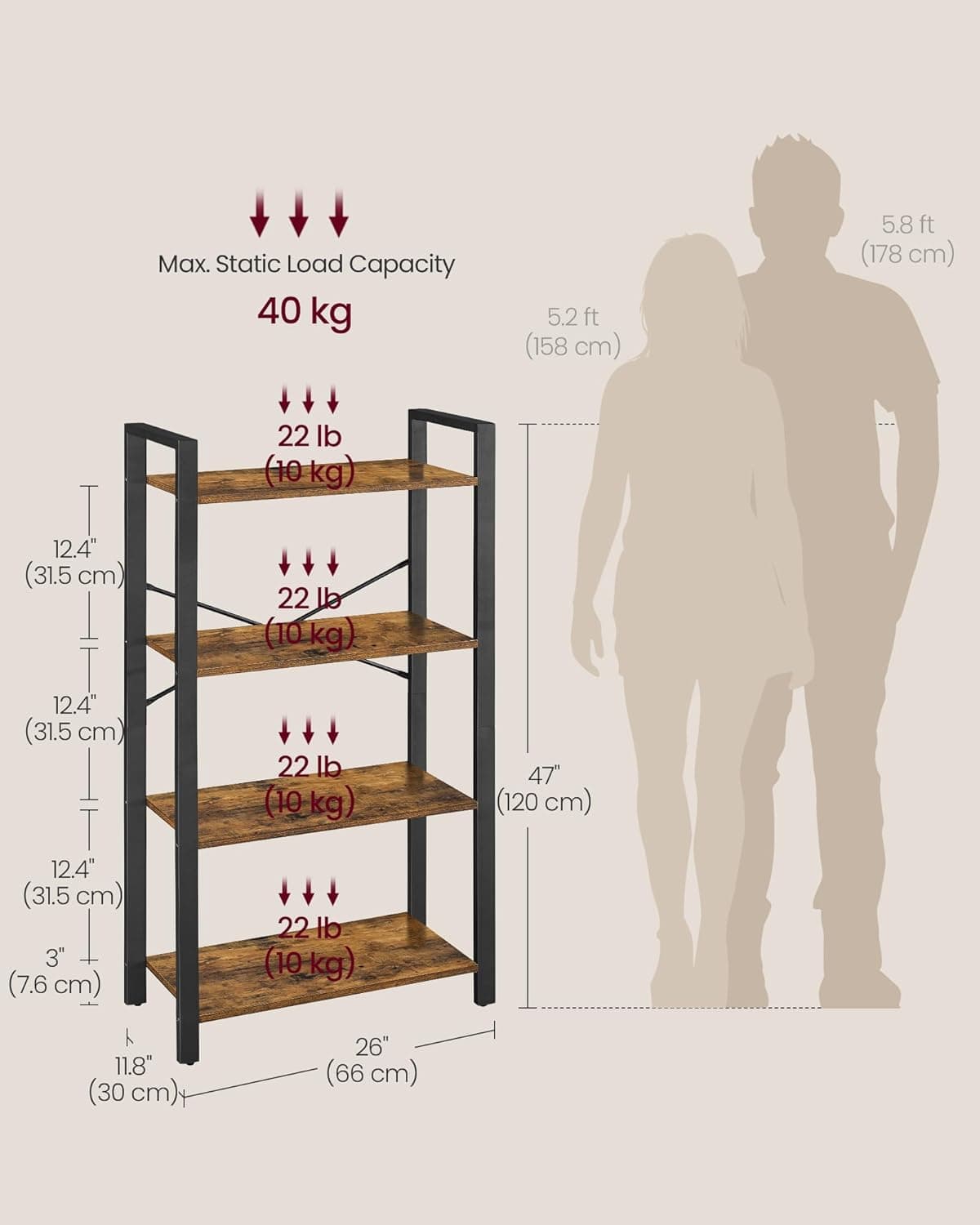VASAGLE Estante de livros de 4 camadas, estante com moldura de aço, prateleira de livros para sala de estar, escritório em casa, escritório, 29 x 66 x 119 cm, estilo industrial, marrom rústico e tinta - Imagem 4