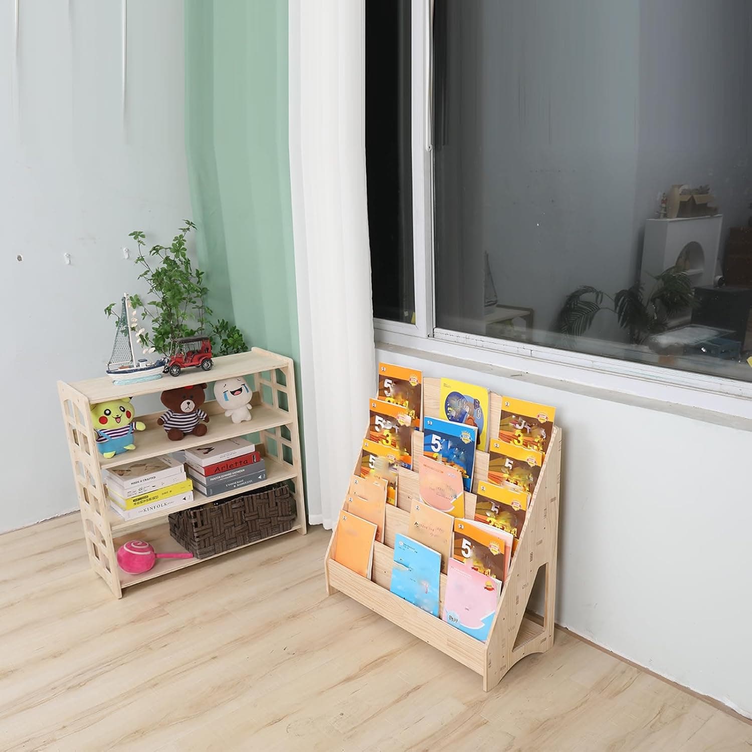 Montessori Organizador de prateleira de livros infantil de um lado com armazenamento de brinquedos, estante para sala de aula para bebês, estantes e prateleiras de pinho natural (78,7 cm) - Imagem 3
