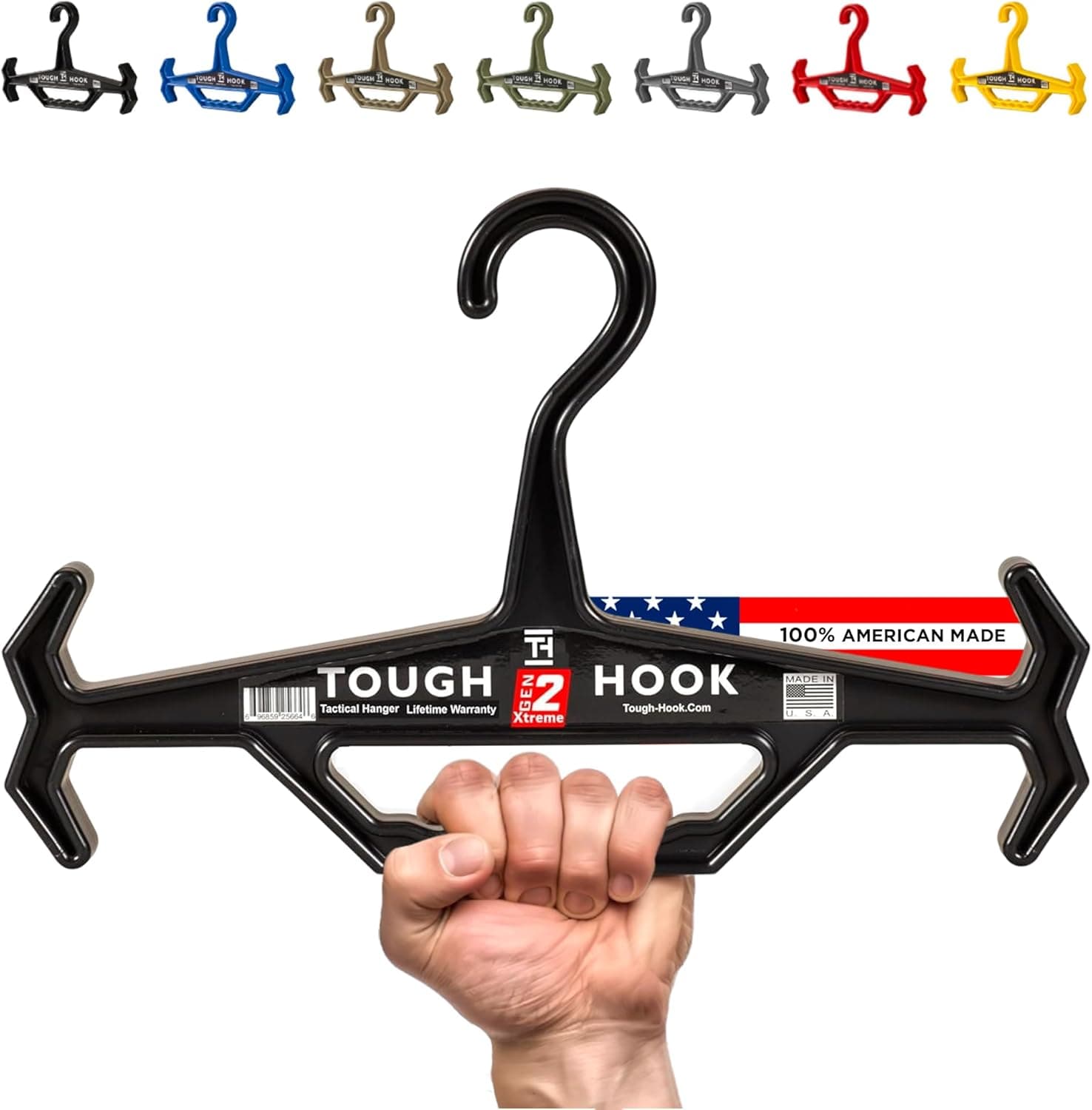 Tough Hook Cabide resistente multiuso original, feito nos EUA, antiderrapante, capacidade de 90 kg, ideal para equipamentos táticos, coletes de ginástica, 1 peça de plástico preto