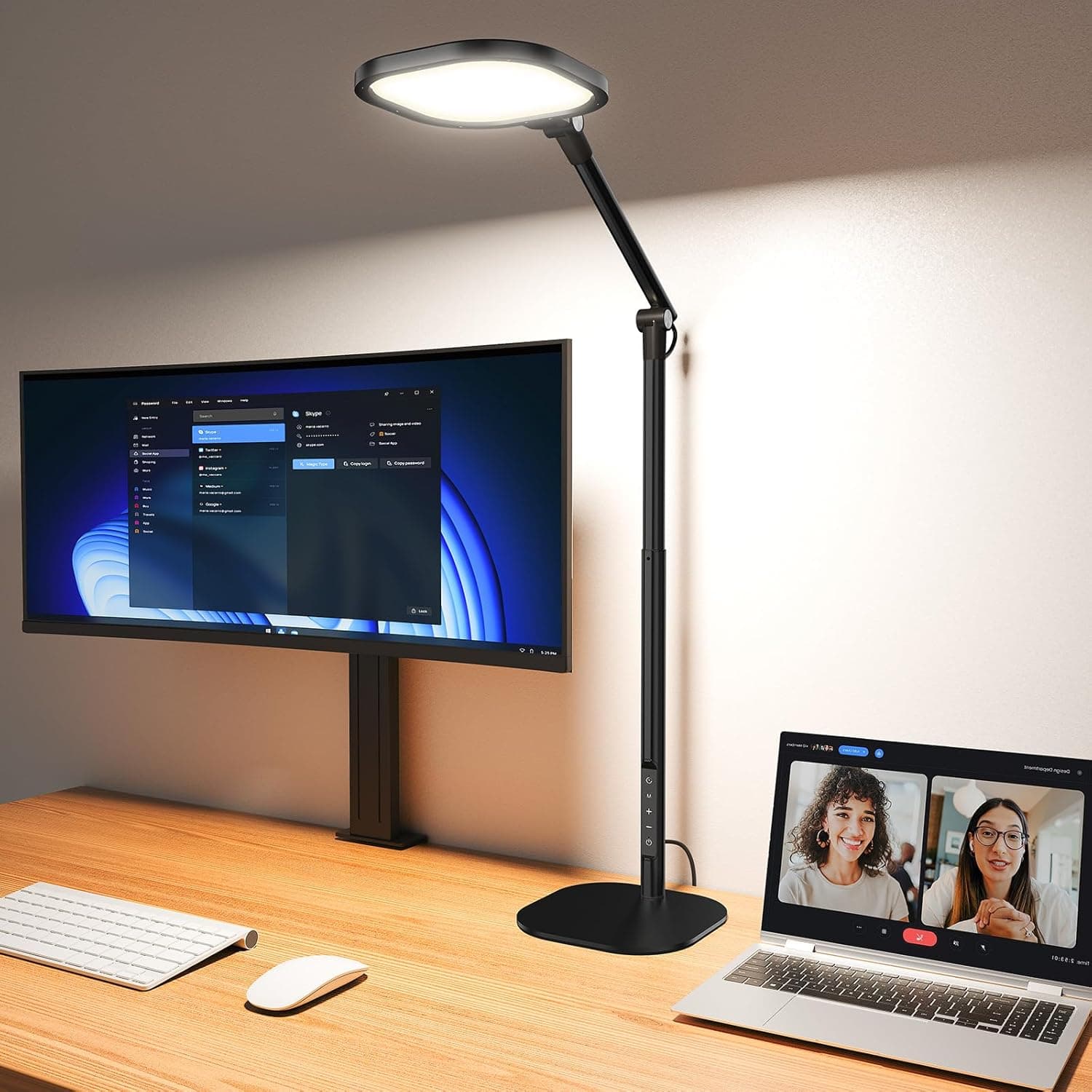Lâmpadas de mesa de LED para escritório doméstico com base, lâmpada de mesa alta com 50 modos de luz e memória e temporizador, luminária de mesa ajustável flexível para videoconferência, arquiteto ou