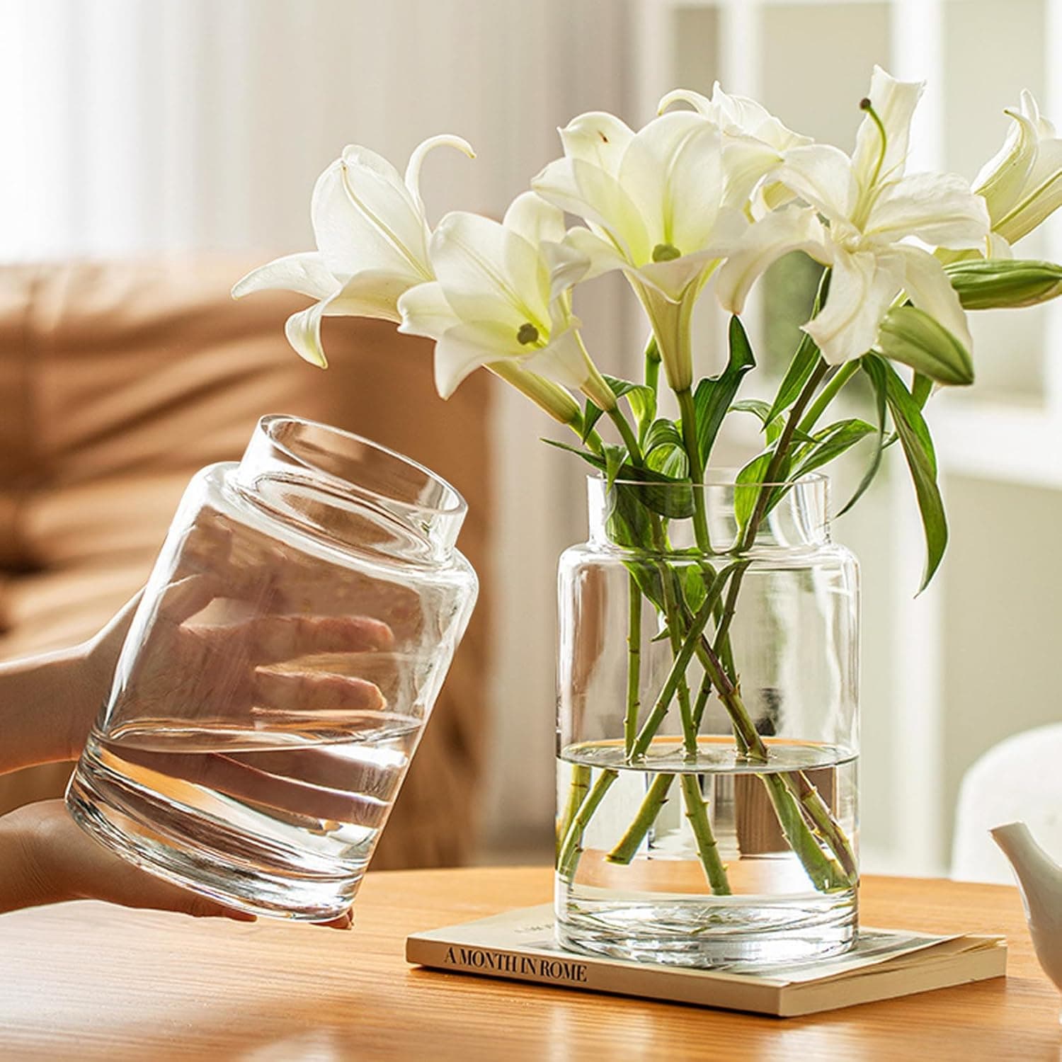 Vasos de vidro transparente, vasos de flores para centros de mesa, vaso cilíndrico de vidro grande de 23 cm para casa, festa de casamento, eventos, decoração de entrada de escritório (transparente-2