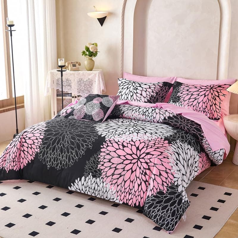 Koniroom Conjunto de edredom solteiro preto e rosa de 6 peças – cama floral reversível em uma bolsa com lençóis, fronhas, fronhas e capa decorativa - Imagem 4