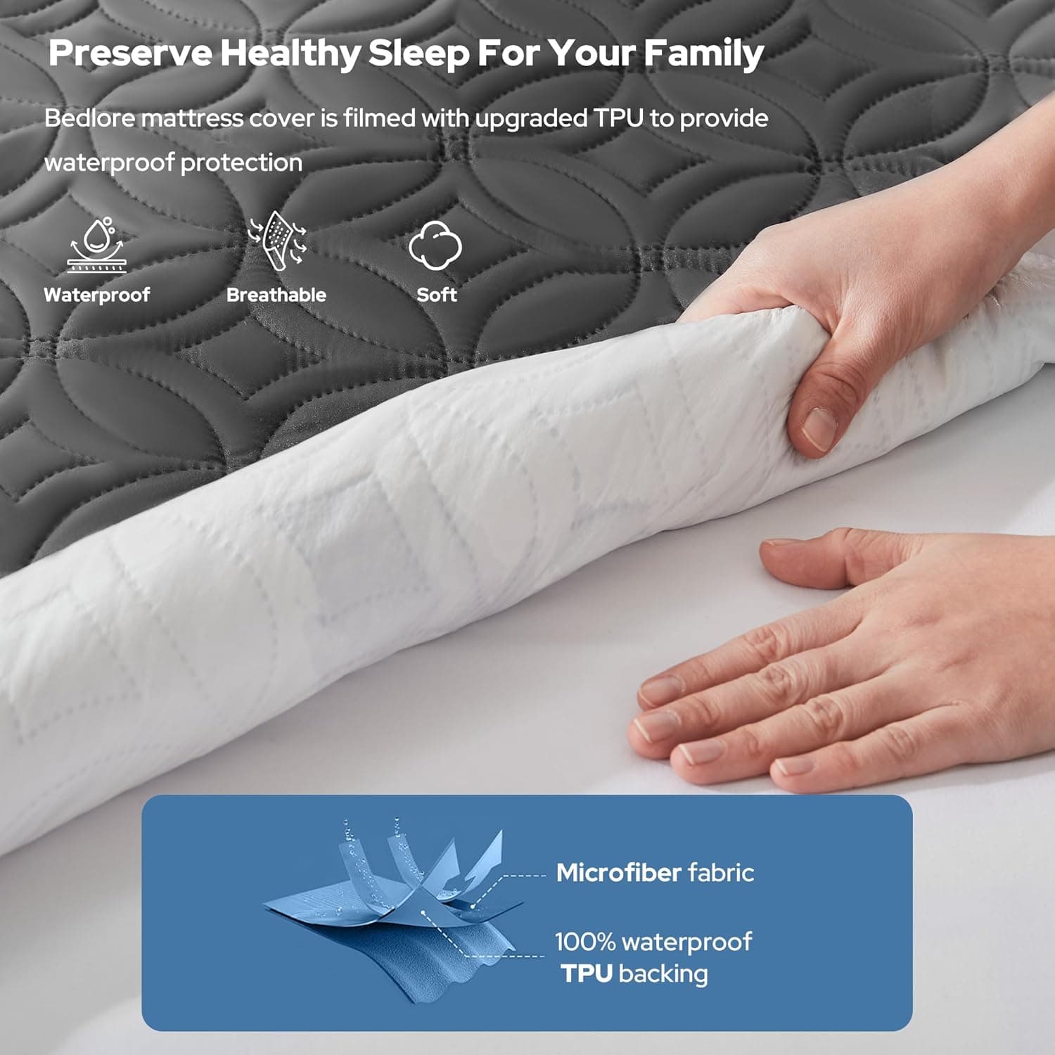 BEDLORE Protetor de colchão impermeável, queen size, silencioso, com bolso profundo de 15 a 45 cm de profundidade, macio e respirável à prova de sujeira, lavável para casa, quarto, hotel (cinza) - Imagem 3