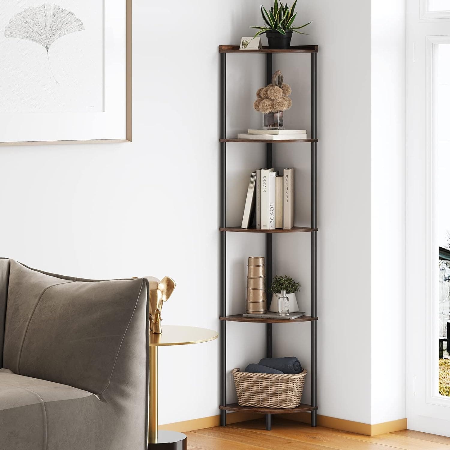 SUNMORY Suporte de prateleira de canto de 5 camadas, prateleira de canto industrial de 165 cm para decoração de sala de estar, prateleira de canto de parede, organizador de várias unidades, suporte
