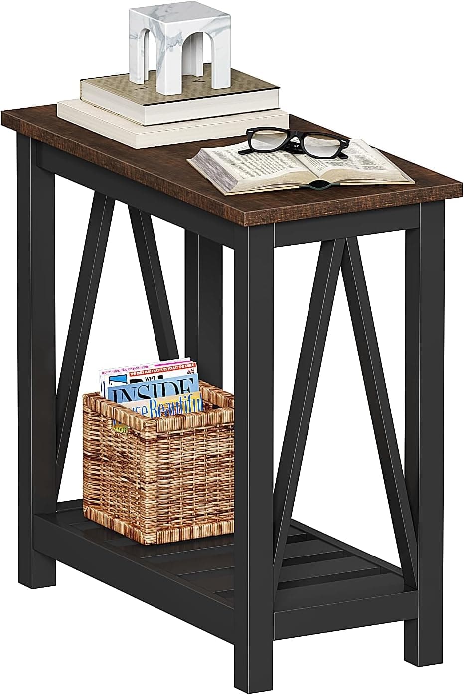 ChooChoo Mesa de extremidade da fazenda, Mesa lateral estreita vintage rústica com prateleira de armazenamento para espaços pequenos, Mesa de sofá para sala de estar, quarto preto