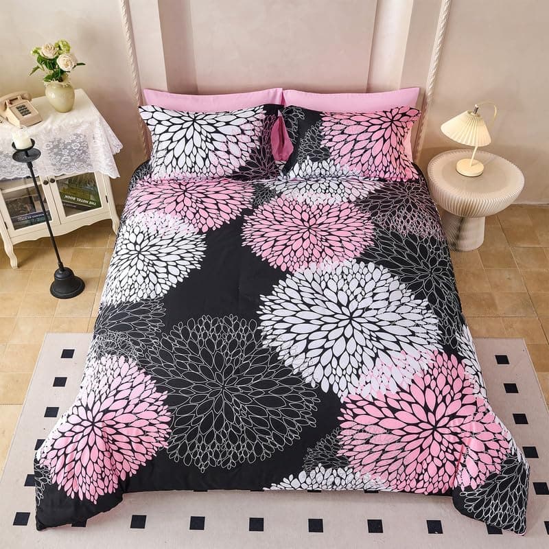 Koniroom Conjunto de edredom solteiro preto e rosa de 6 peças – cama floral reversível em uma bolsa com lençóis, fronhas, fronhas e capa decorativa - Imagem 3