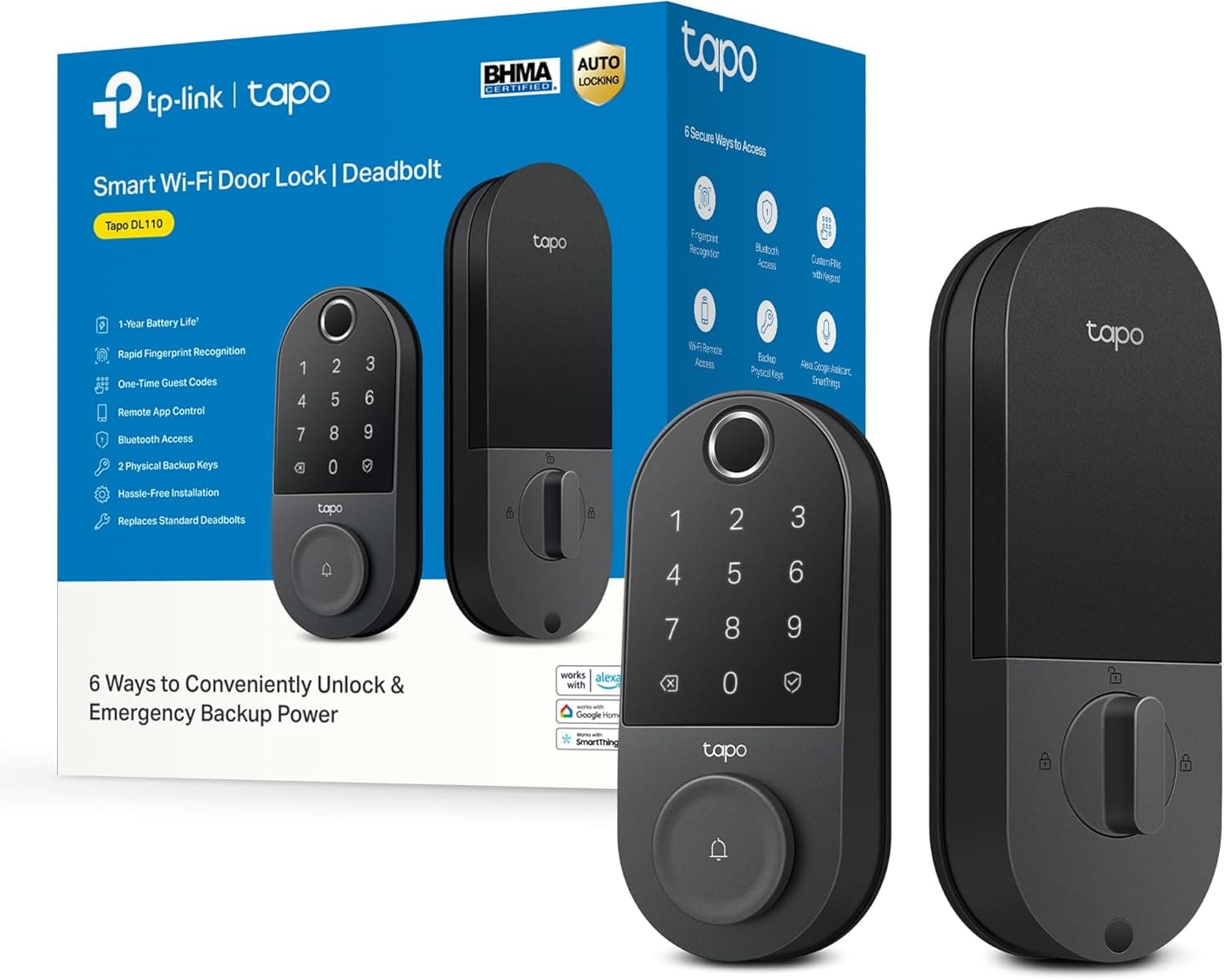 TP-Link Tapo DL110 Fechadura de porta inteligente | Entrada sem chave, reconhecimento de impressões digitais, teclado sensível ao toque e monitoramento no aplicativo com acesso programado | Bateria