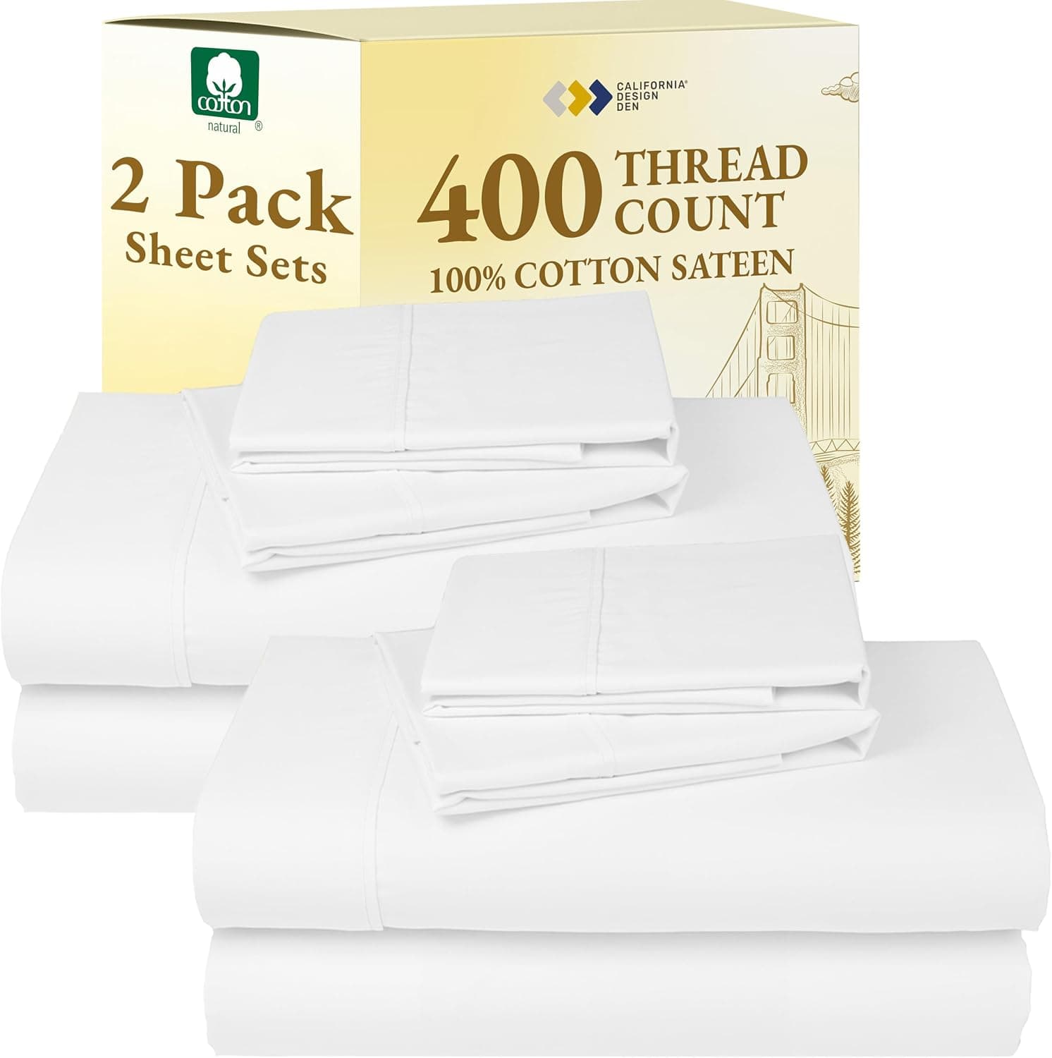 Jogos de cama California Design Den, 100% algodão acetinado de 400 fios, cantos profundos, extramacios, respiráveis, refrescantes, antiamarrotamento, tamanho casal, branco antigo (pacote com 2)