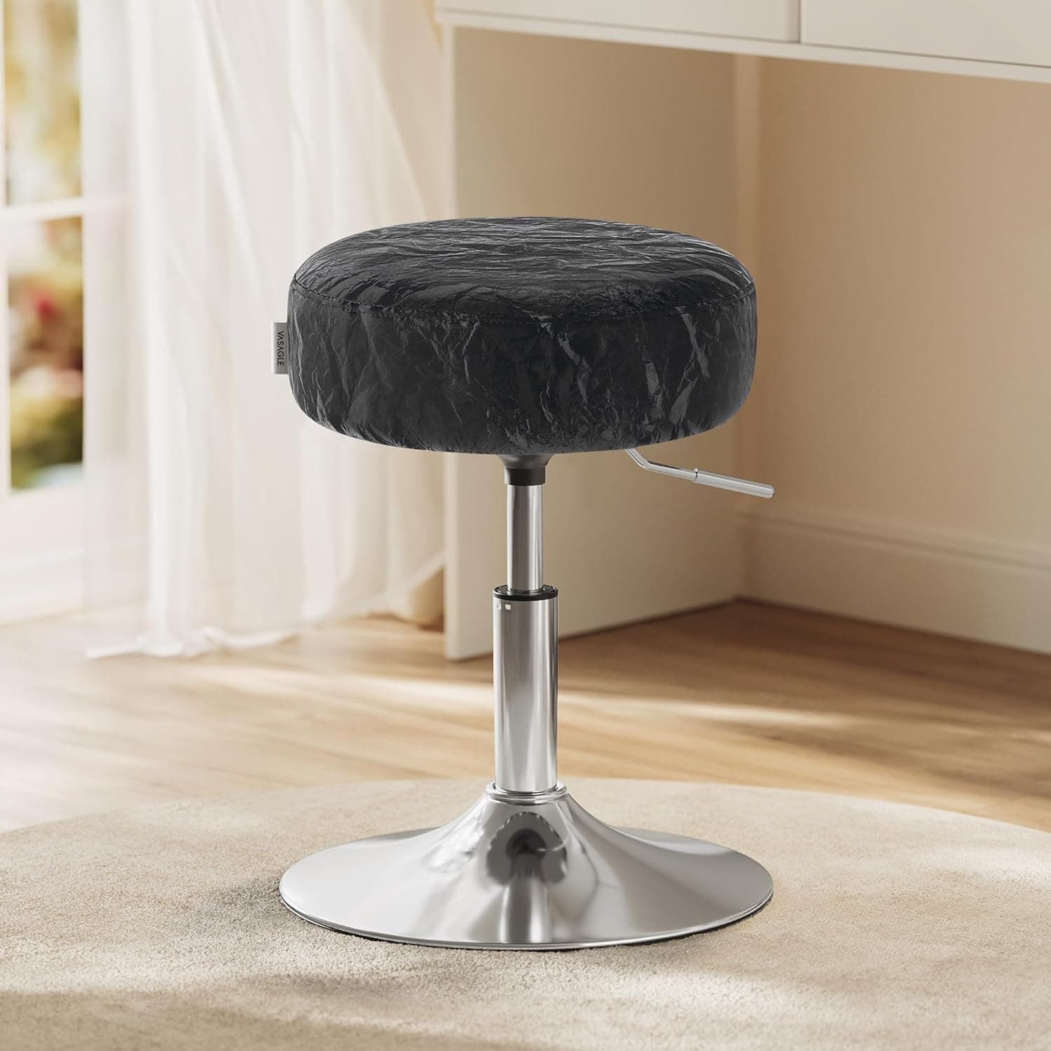 VASAGLE Banqueta ajustável, cadeira de maquiagem, rotação de 360°, estofamento de poliuretano, almofada grossa, para quarto, cozinha, sala de jantar, moderno, tinta preta ULJB120B01