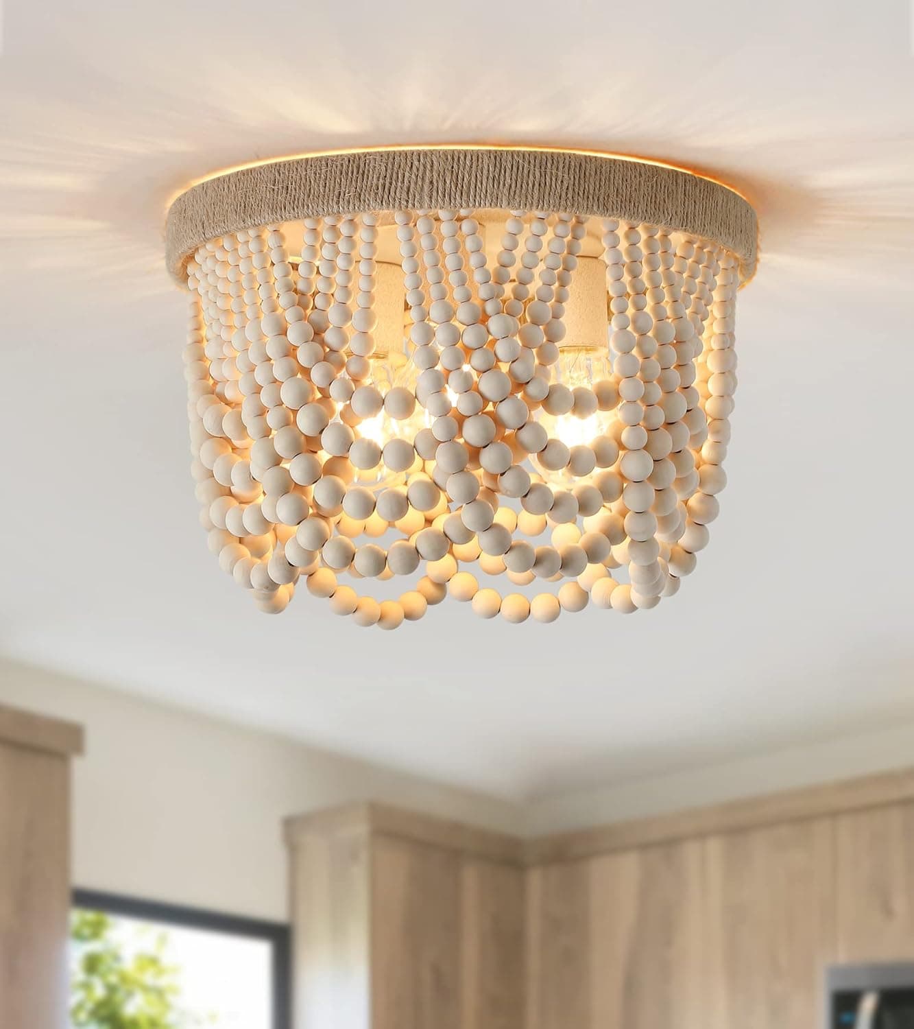 AMZASA Lustre De Teto Embutido Com Detalhes Em Madeira, Estilo Rústico Campestre, Pequeno E Boho, Ideal Para Quarto, Corredor, Hall De Entrada, Closet, Cozinha, Sala De Jantar, Sala De Estar E Quarto