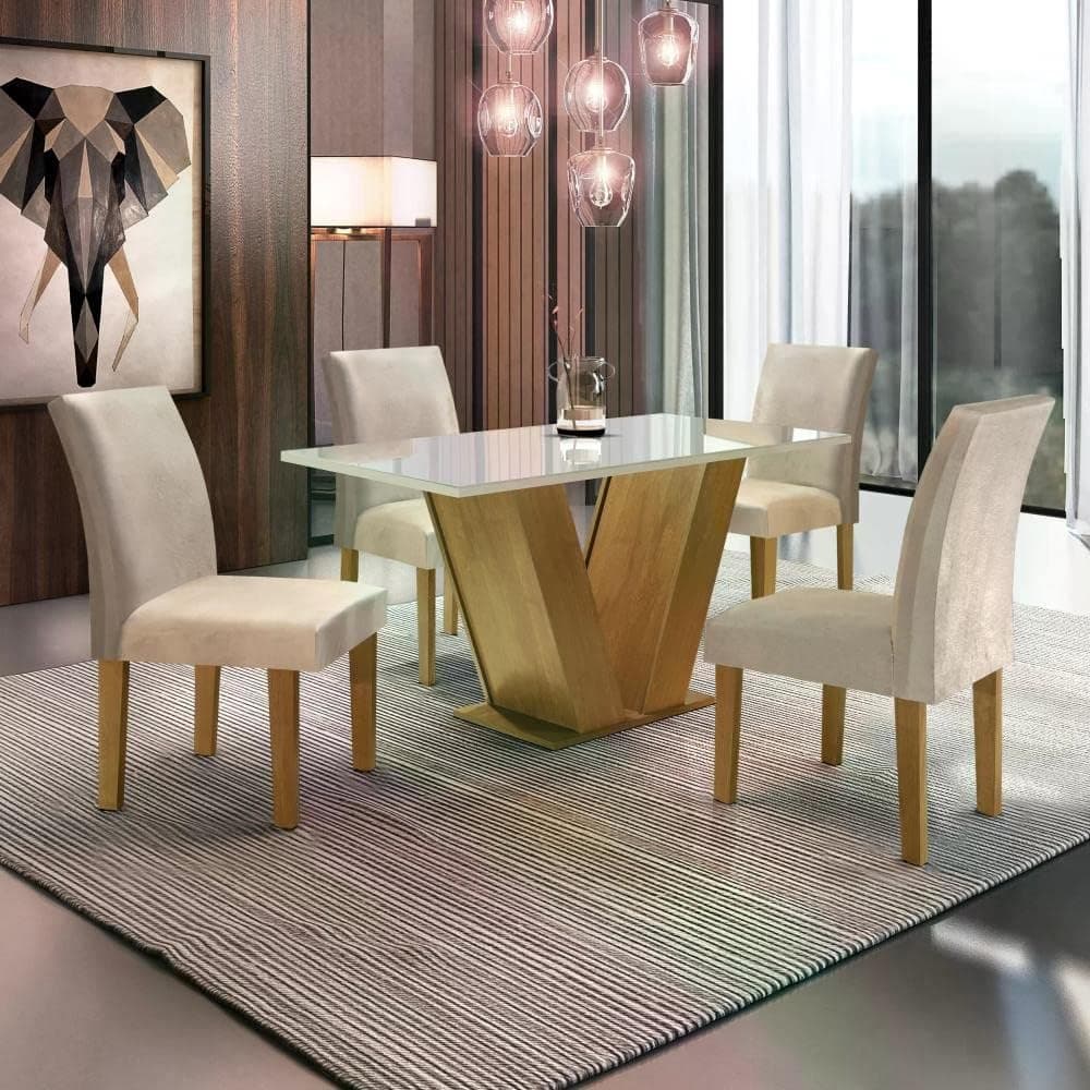 Conjunto Sala de Jantar Mesa Tampo de Vidro 4 Cadeiras Espanha Yescasa Ypê/Suede Bege
