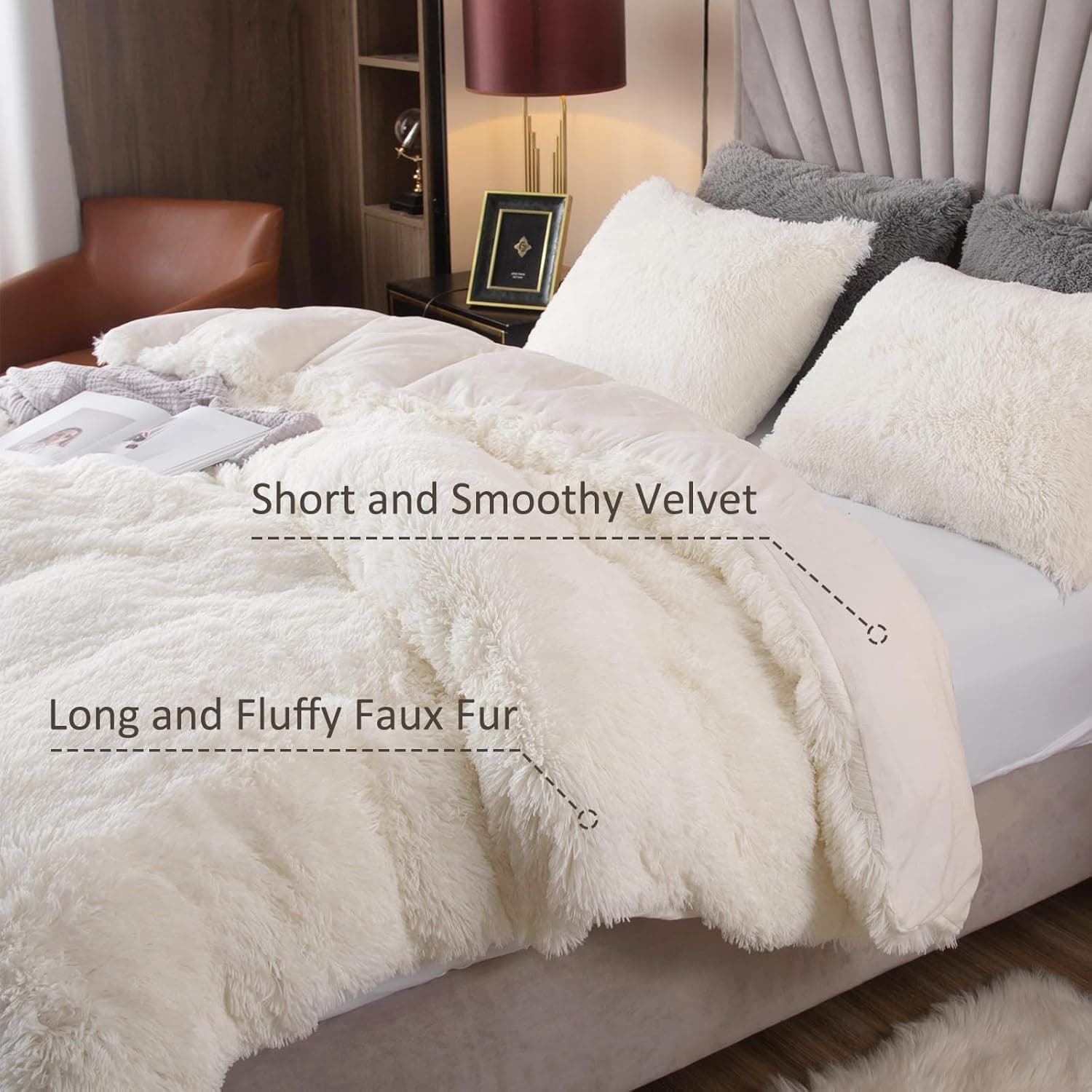 EMME Conjunto de capa de edredom de luxo branco felpudo King Size 3 peças para cama king size, capas de edredom macias e macias (branco, King) - Imagem 3