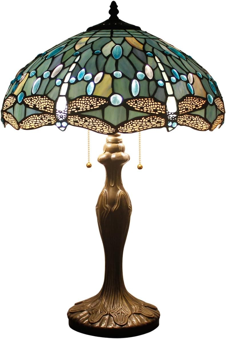 Lâmpada Tiffany para sala de estar Mesa Vitral Abajur de Mesa de Cabeceira Quarto, Base de Metal Indústria 60 cm de Altura Grande Luxuoso Estilo Libélula Azul Campo Luz de Mesa WERFACTORY Lâmpada LED Incluída