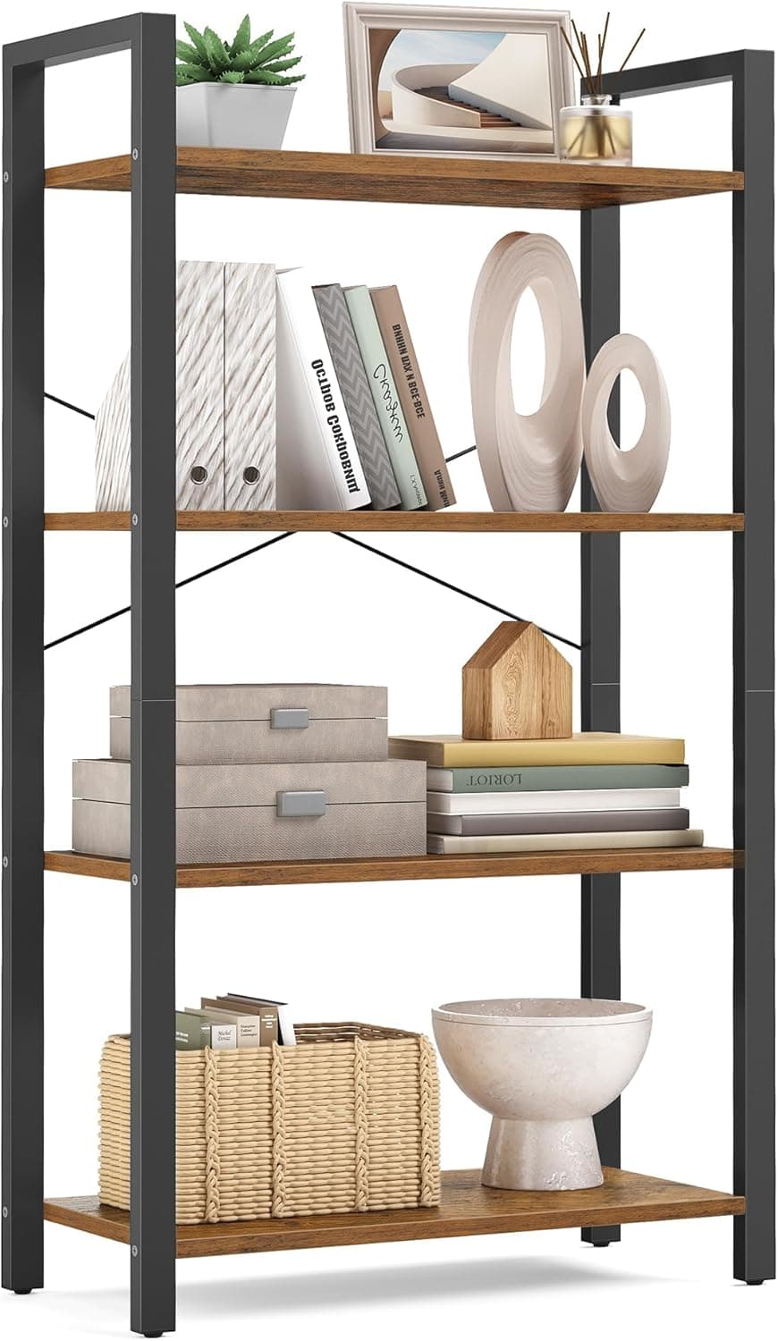 VASAGLE Estante de livros de 4 camadas, estante com moldura de aço, prateleira de livros para sala de estar, escritório em casa, escritório, 29 x 66 x 119 cm, estilo industrial, marrom rústico e tinta
