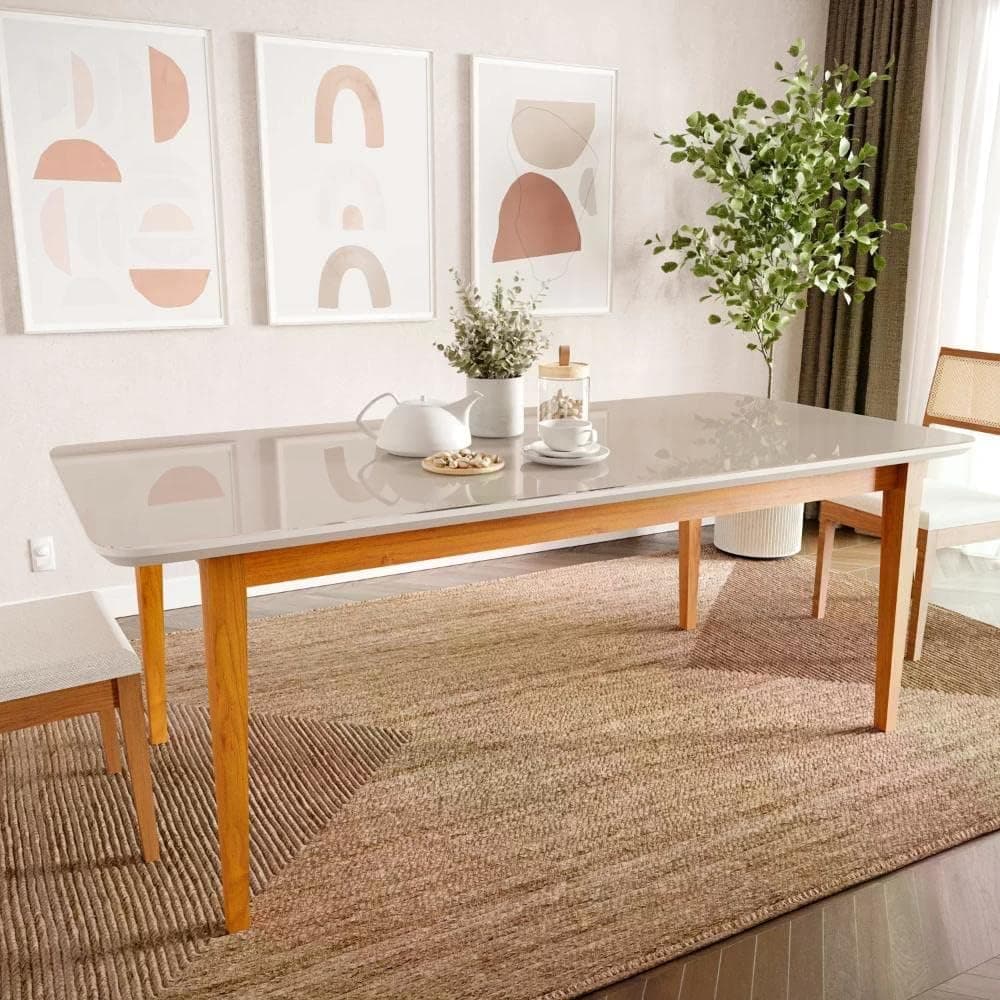Mesa de Jantar 8 Lugares 2,10m Tampo Mdf e Vidro Pés Madeira Maciça Tangará Cabecasa Madeiramadeira Caramelo/off White