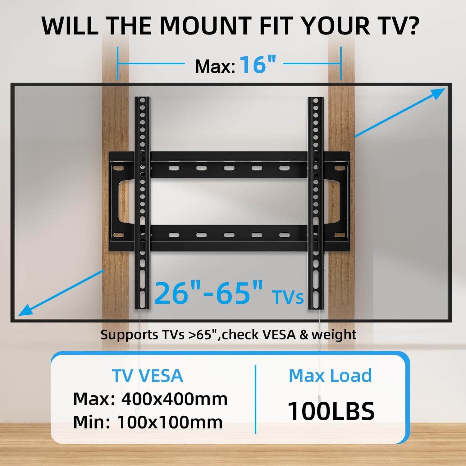 HOME VISION Suporte de parede para TV fixo para a maioria das TVs planas/curvas de 66 a 65 polegadas com VESA máximo de 400 x 400 mm até 45 kg, serve para pinos de madeira de 40 cm, suporte universal - Imagem 3