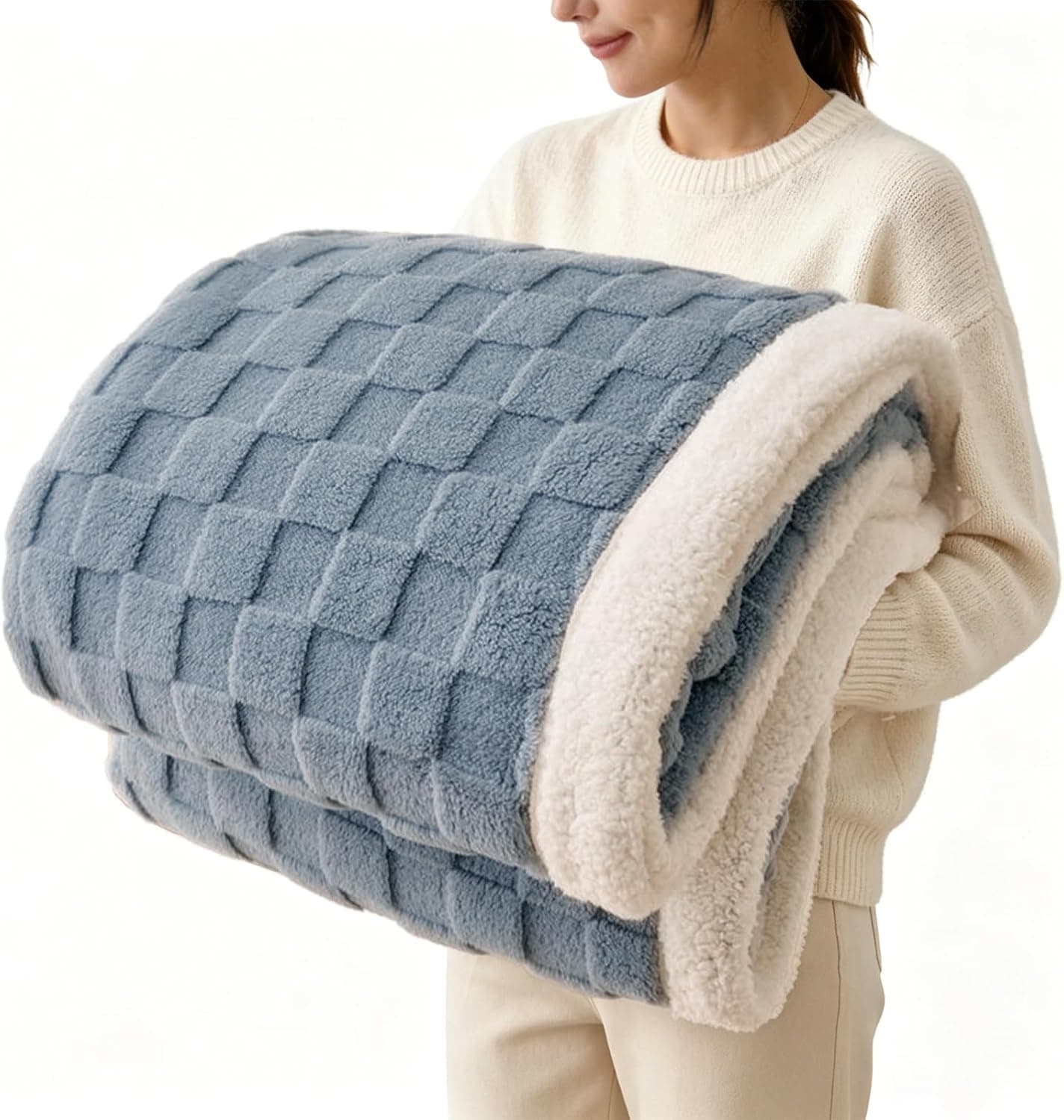 Gracelife Cobertor sherpa, 127 cm x 152 cm, manta xadrez quente e aconchegante para sofá, cama, mantas reversíveis, cobertores e mantas de flanela felpuda para adultos mulheres e homens, cinza-azul macio - Imagem 2