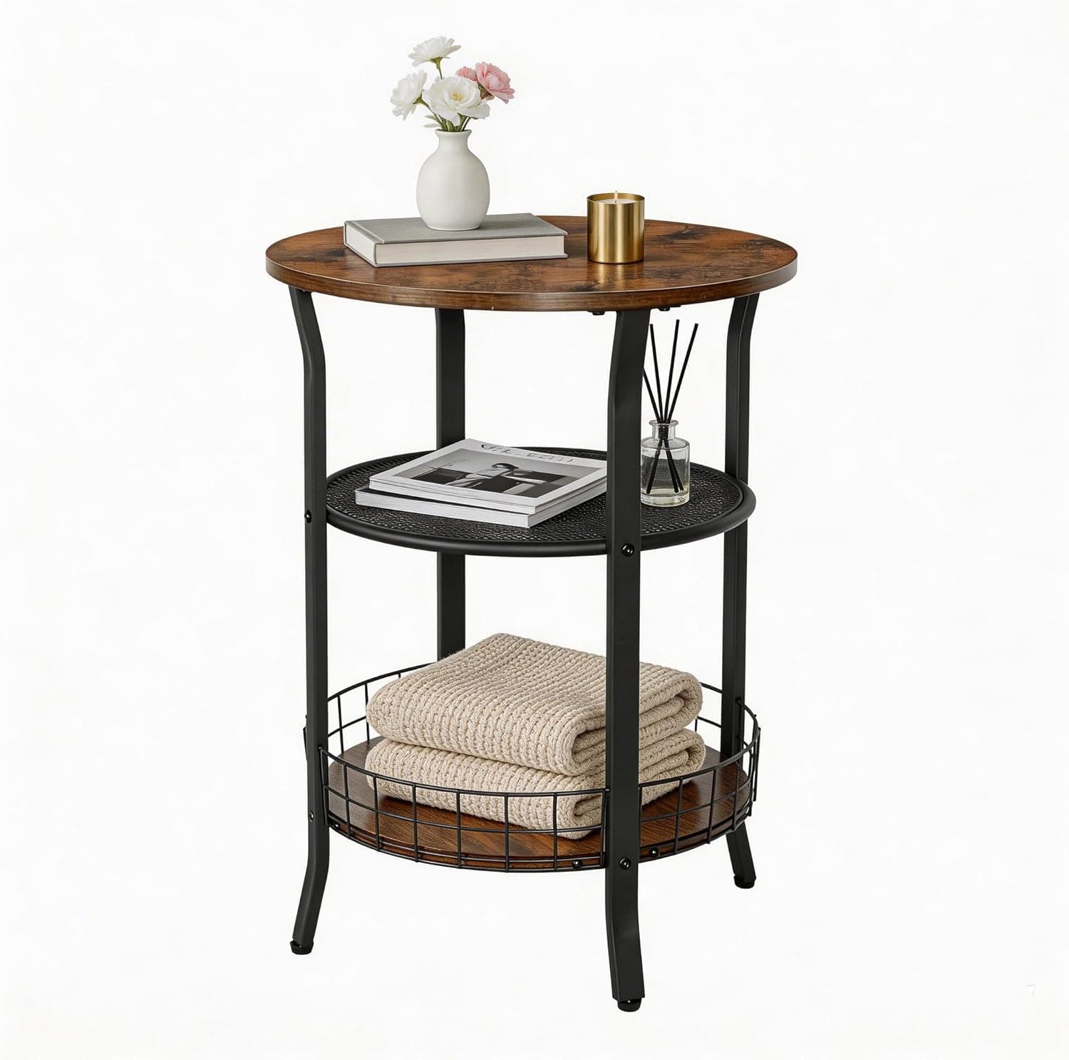 X-cosrack Mesa lateral redonda, mesa de canto retrô industrial com armazenamento, mesa de lanche de café para sala de estar, quarto, cozinha, escritório, estrutura estável de madeira e metal, marrom
