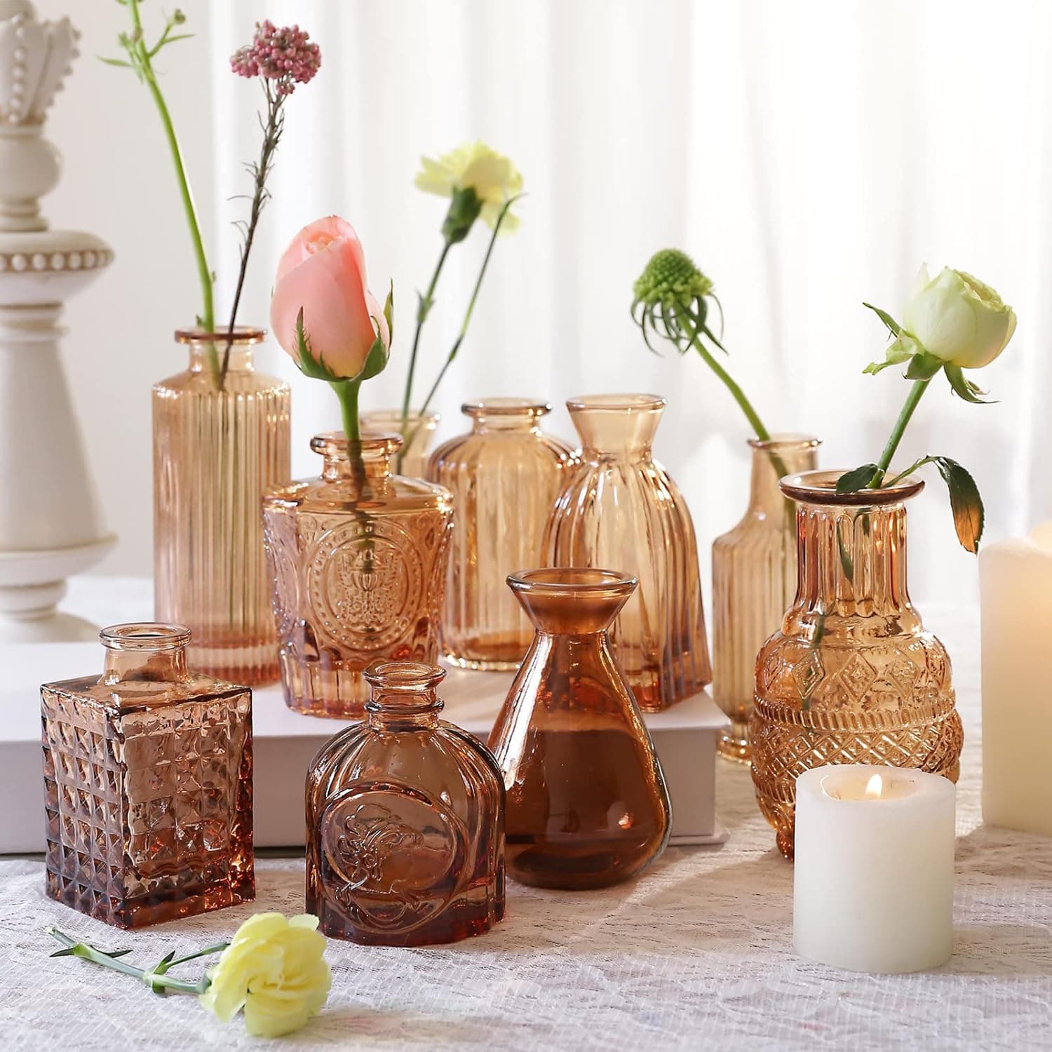 Vasos de vidro âmbar, conjunto de 20 para flores, pequenos vasos de botão âmbar a granel para decoração de centros de mesa, mini conjunto de vidro para decoração de mesa de casa - Imagem 4