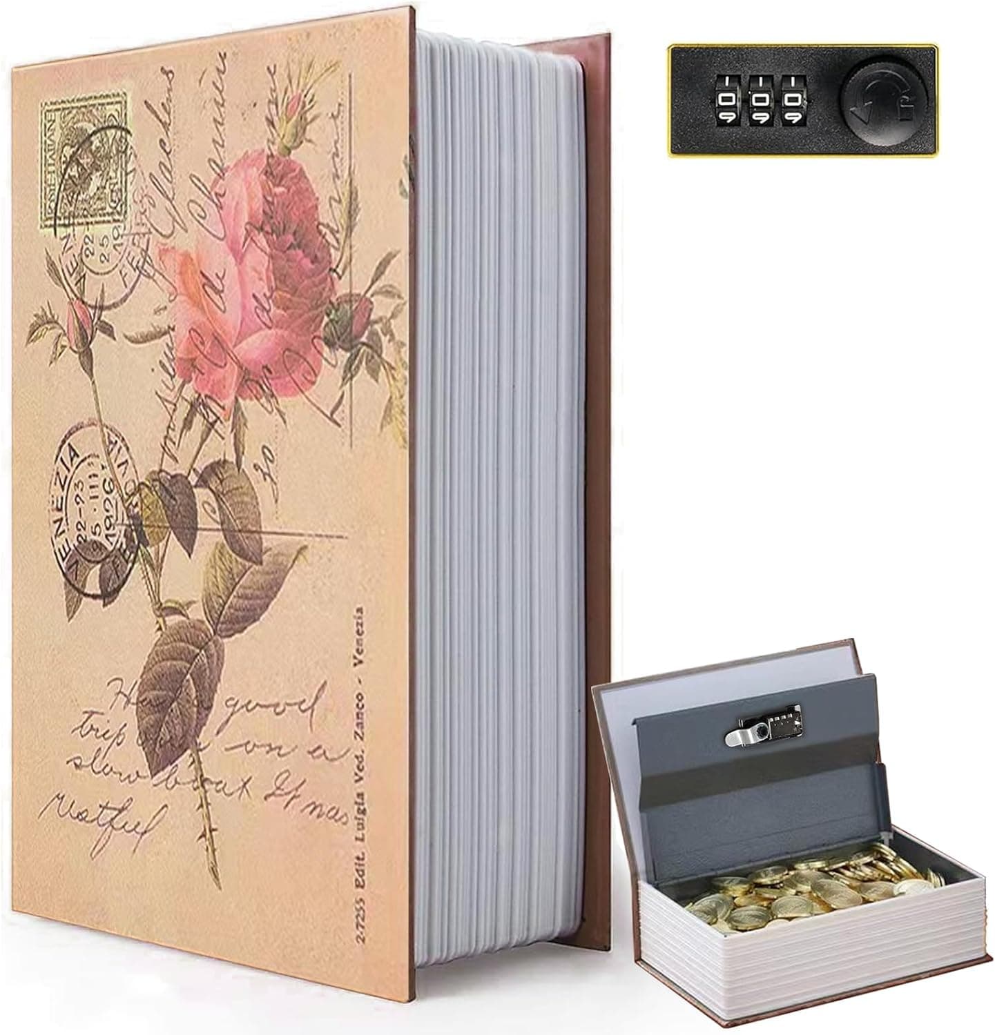 Cofre decorativo para livros com fechadura de combinação, cofre oculto vintage para decoração, caixa de armazenamento de livros de desvio secreto para estante de livros de café e escritório em casa