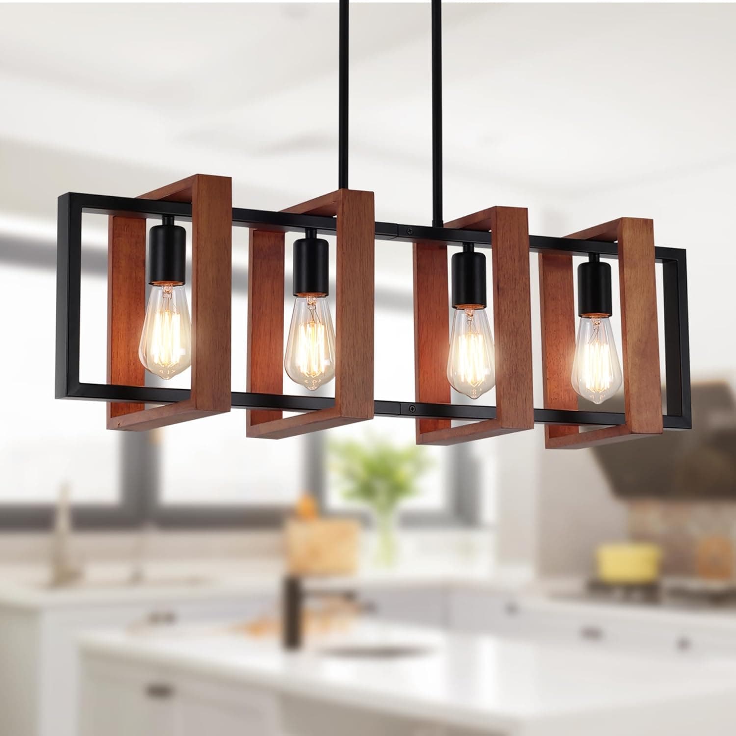 Iluminação De Ilha De Cozinha Estilo Fazenda De 32", Luminárias Ajustáveis Para Sala De Jantar, Lustre Retangular De 4 Luzes Em Madeira Rústica E Metal Preto, Iluminação Pendente Moderna P