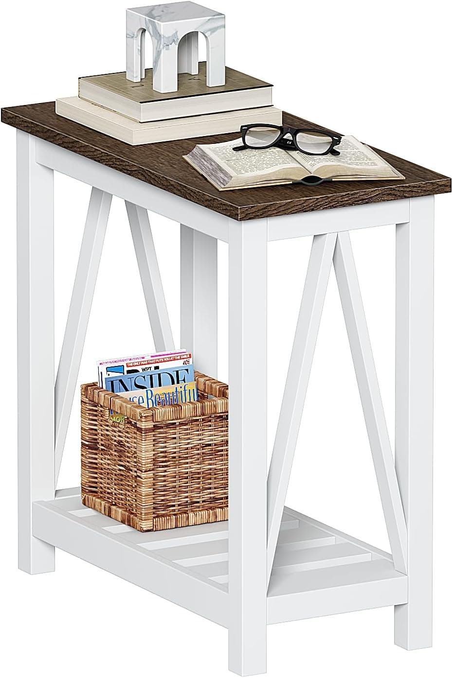 ChooChoo Mesa de canto de fazenda, mesa lateral estreita, mesa de canto fina com prateleira de armazenamento para espaços pequenos, mesa de cabeceira rústica, para sala de estar, quarto, branca