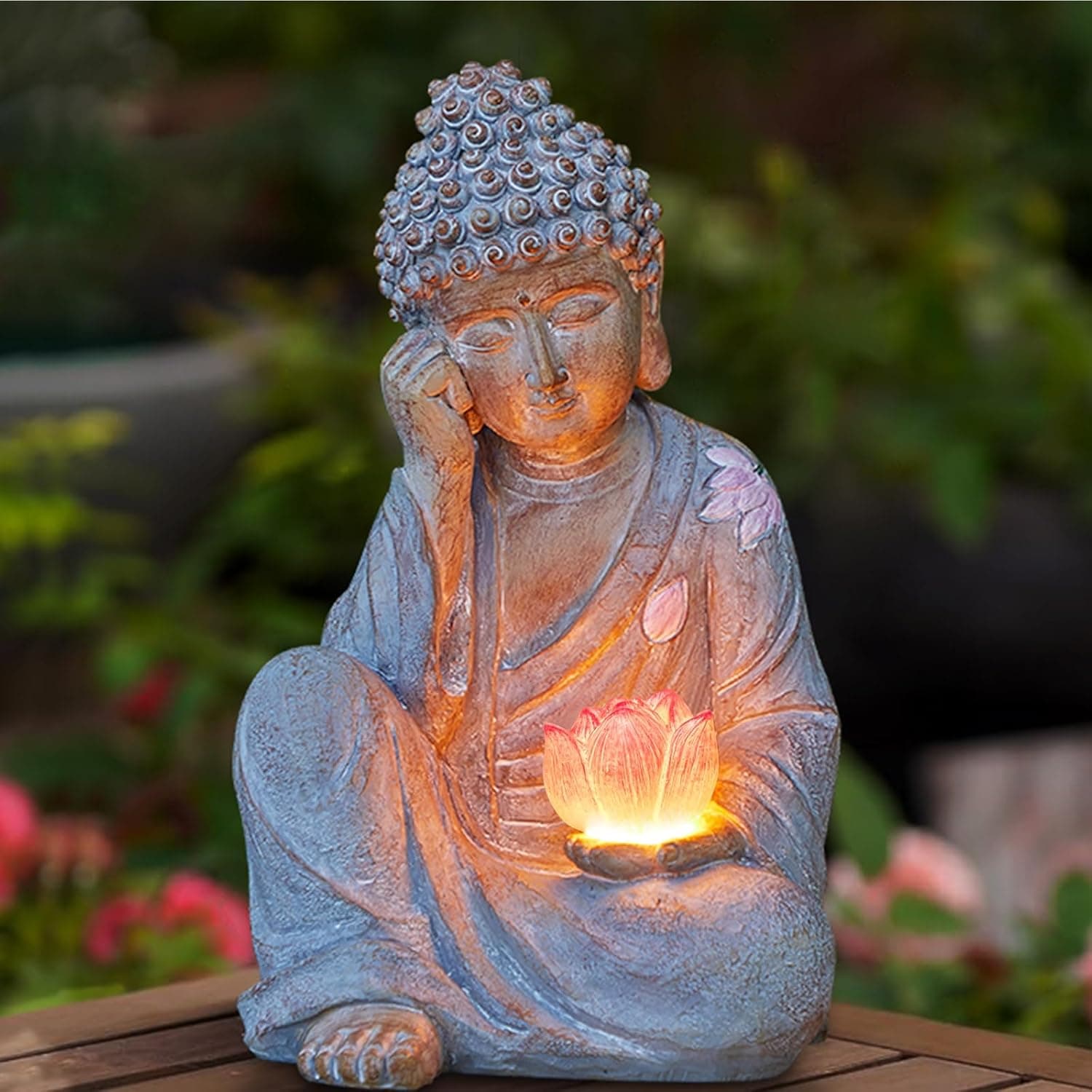 Estátua solar de Buda ao ar livre com luz de flor de lótus, estátua de Buda impermeável IP65, decoração de jardim zen para pátio, gramado