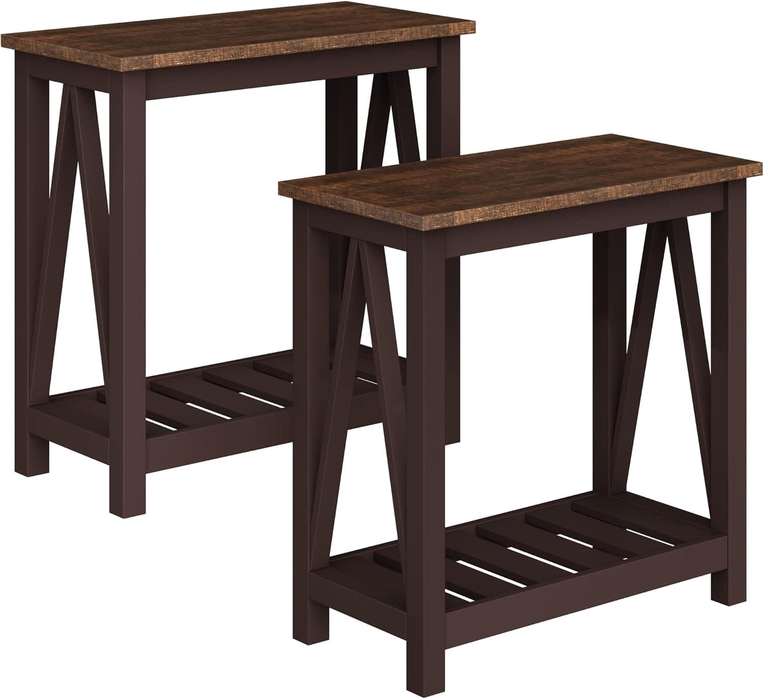 ChooChoo Mesa Final de Fazenda, Mesa Lateral Estreita Vintage Rústica com Prateleira de Armazenamento para Espaços Pequenos, Mesa de Cabeceira para Sofá para Sala de Estar, Quarto Espresso 2 Pack