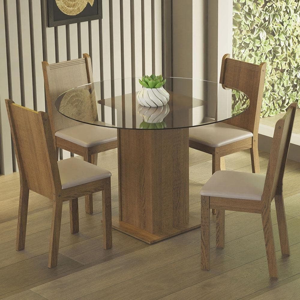 Conjunto Sala de Jantar Madesa Débora Mesa Tampo de Vidro Redondo 4 Cadeiras - Rustic/bege
