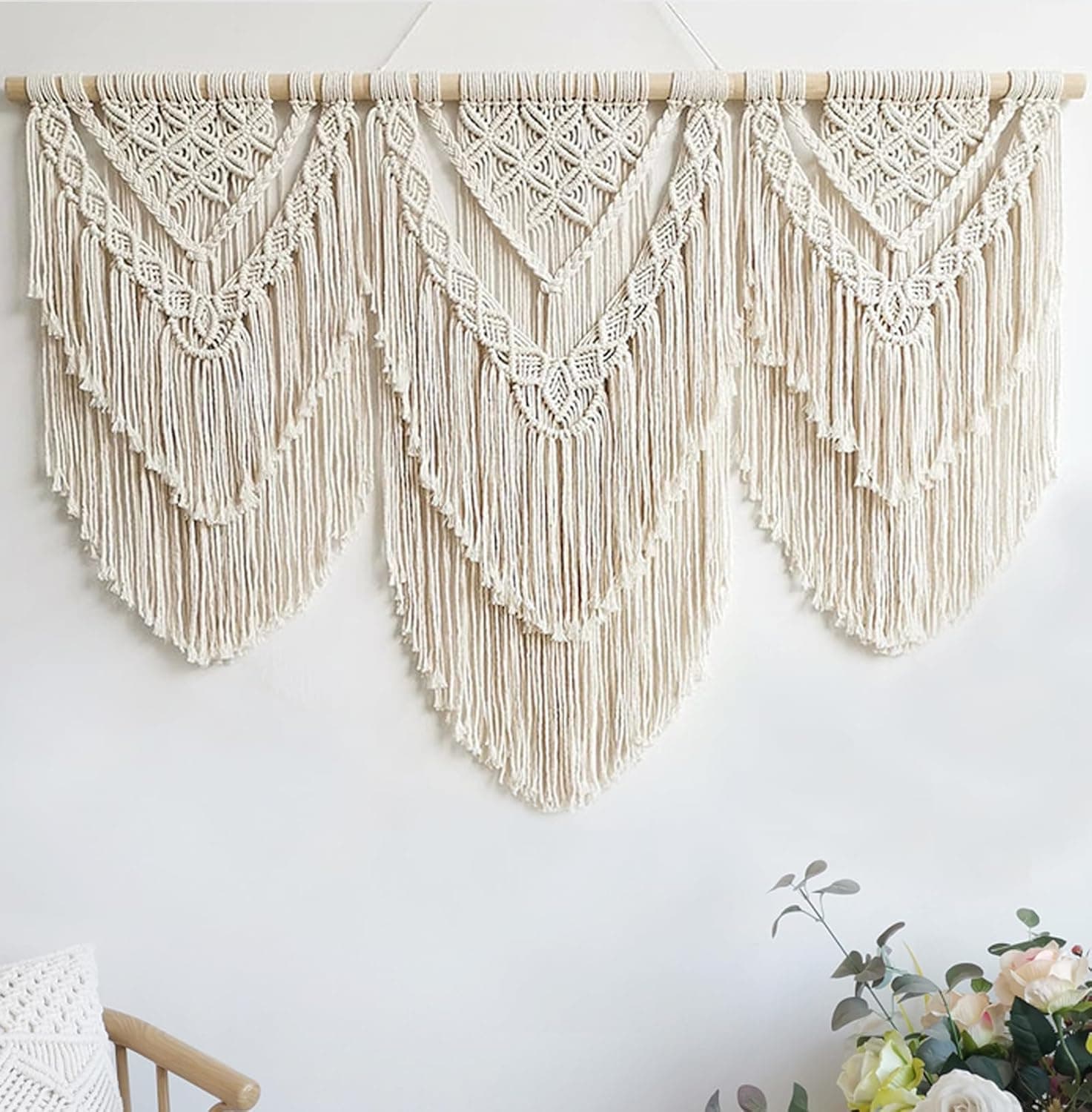 Decoração de parede de macramê grande - decoração de parede boho - arte de parede grande - decoração de parede sala de estar - tapeçaria de macramê decoração boho para quarto (bege-H)