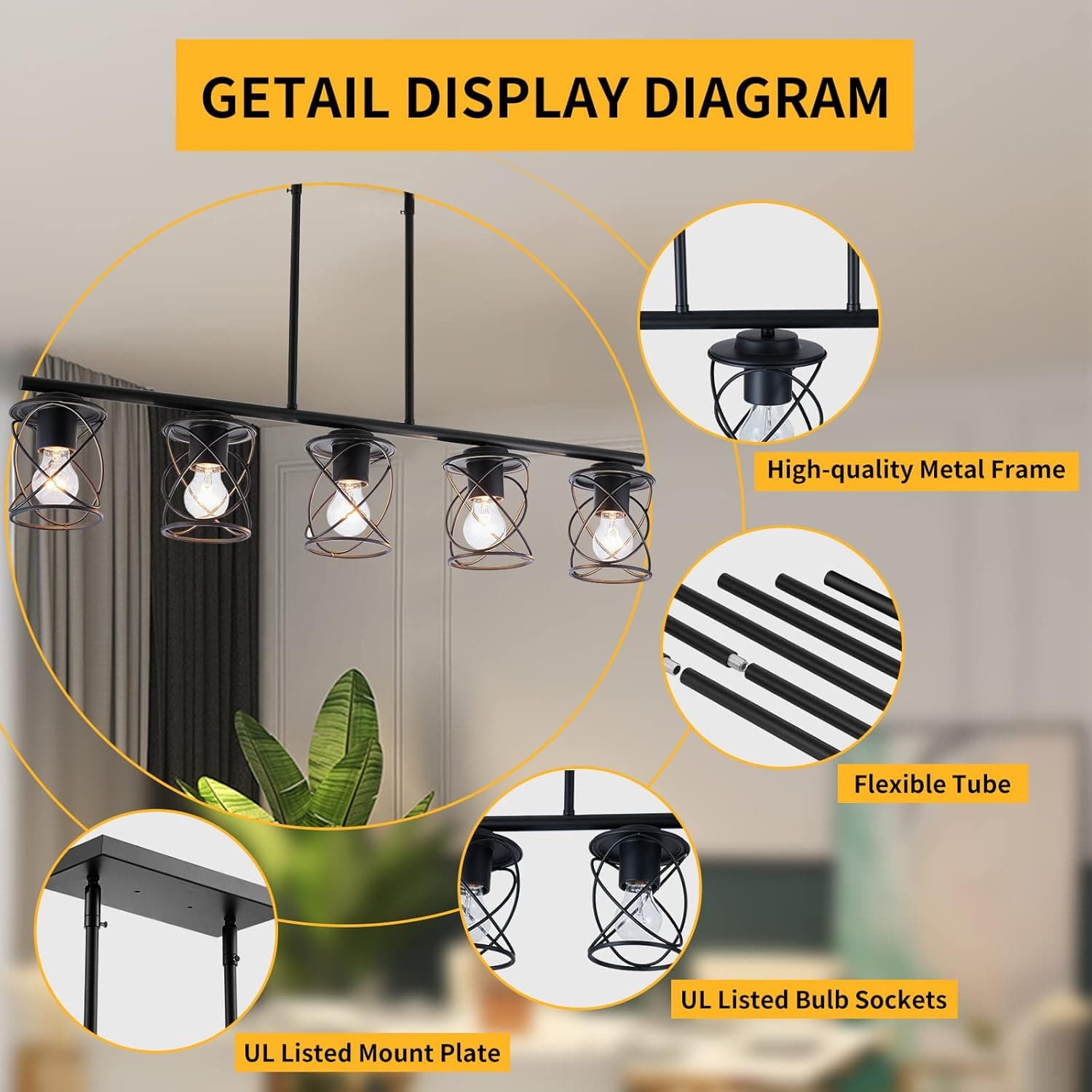 mavcadonf Luz de Ilha de Cozinha, Luminárias de Sala de Jantar com 5 Luzes Penduradas, Luz Pendente Linear de Fazenda para Mesa de Ilha de Cozinha, Sala de Estar com Hastes Ajustáveis, Metal Preto - Imagem 3