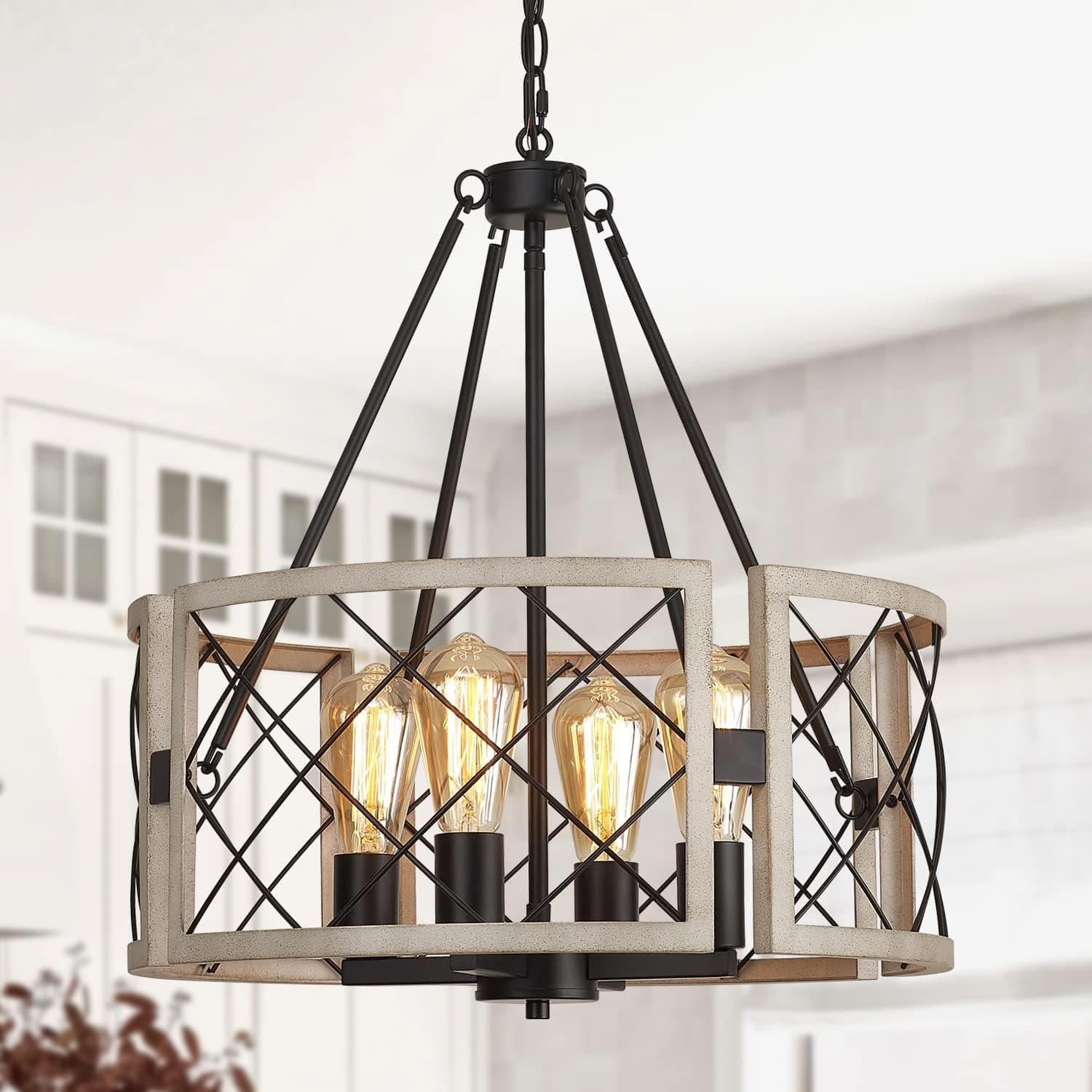 D19'' Lustre de casa de fazenda, 4 luzes ajustáveis para sala de jantar, iluminação de ilha de cozinha, luzes de suspensão rústicas para hall de entrada, quarto, sala de estar, carvalho