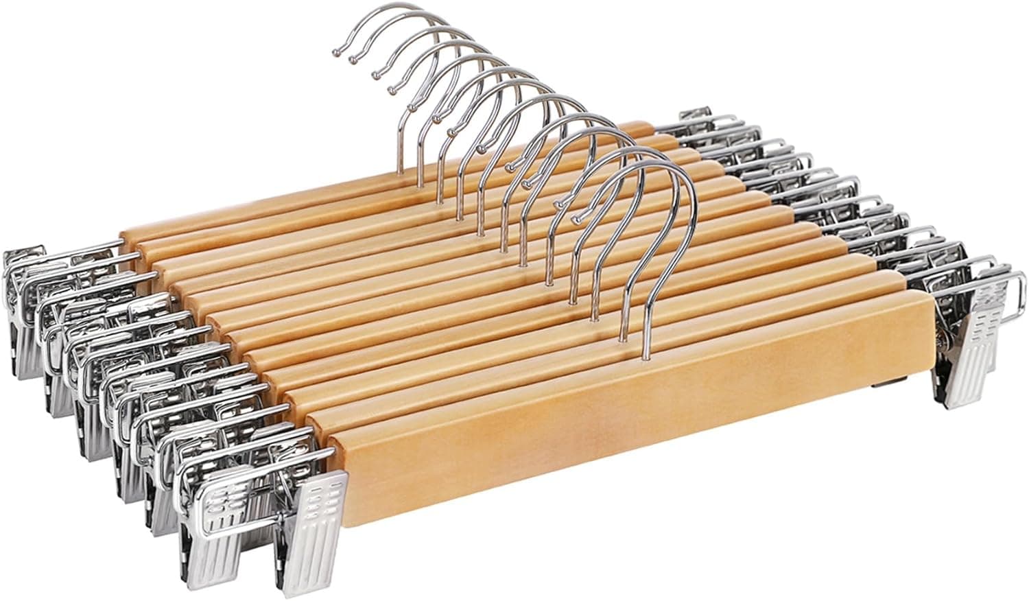 SONGMICS Cabides de calças de madeira pacote com 12, cabides de calças com clipes, clipes de metal anti-ferrugem ajustáveis, gancho giratório de 360°, ganchos de saia para calça, saias, calças, grão natural UCRW008-12