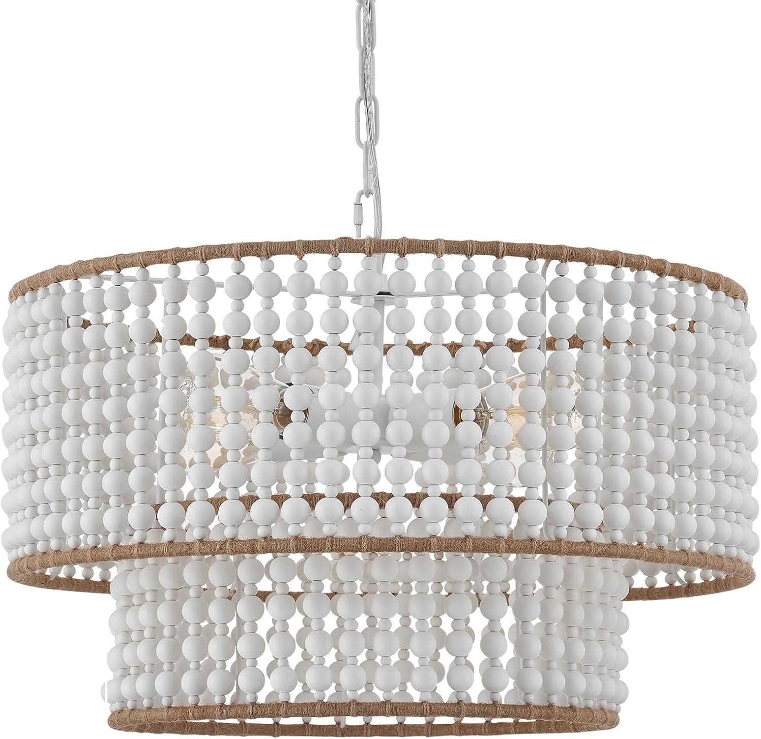 Dia Lustre de contas de madeira Boho de 55 cm, casa de fazenda, luminária de sala de jantar boêmia, luminária sobre mesa, pingente de contas brancas para quarto, cozinha, corredor, entrada