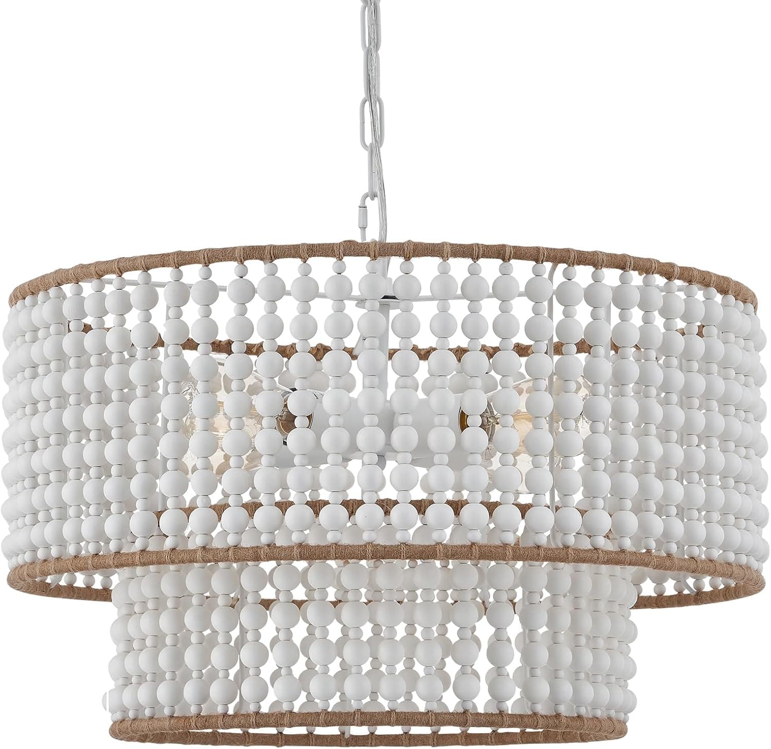 Dia Lustre de contas de madeira Boho de 55 cm, casa de fazenda, luminária de sala de jantar boêmia, luminária sobre mesa, pingente de contas brancas para quarto, cozinha, corredor, entrada
