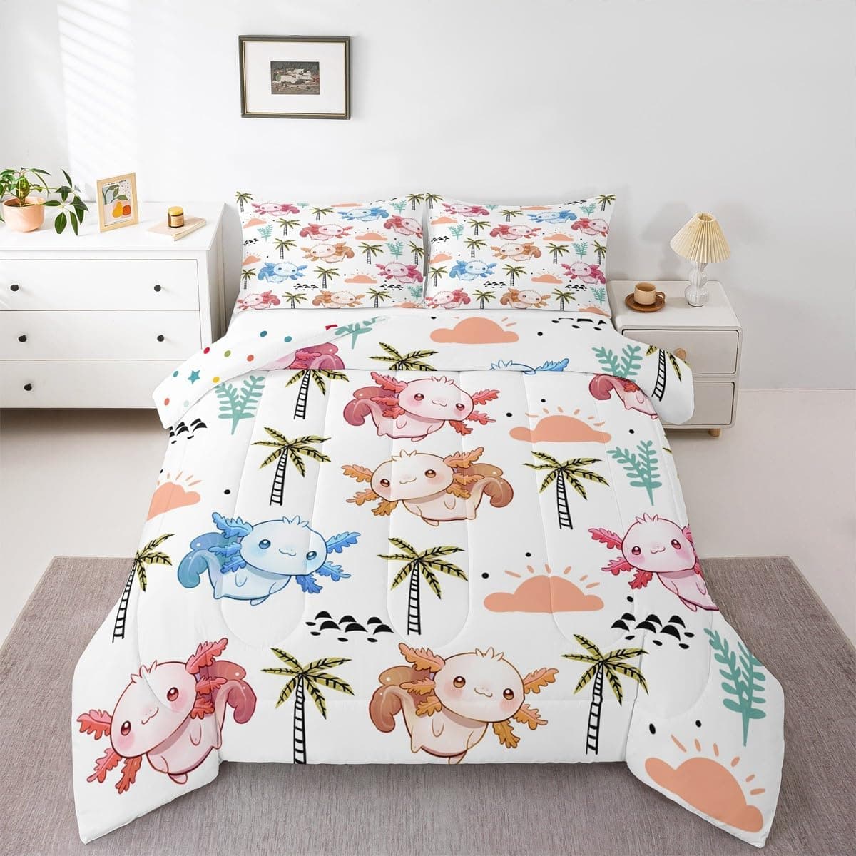 Erosebridal Jogo de cama solteiro fofo Axolotl, colorido, kawaii, desenho kawaii, salamandra, planta tropical, 1 fronha