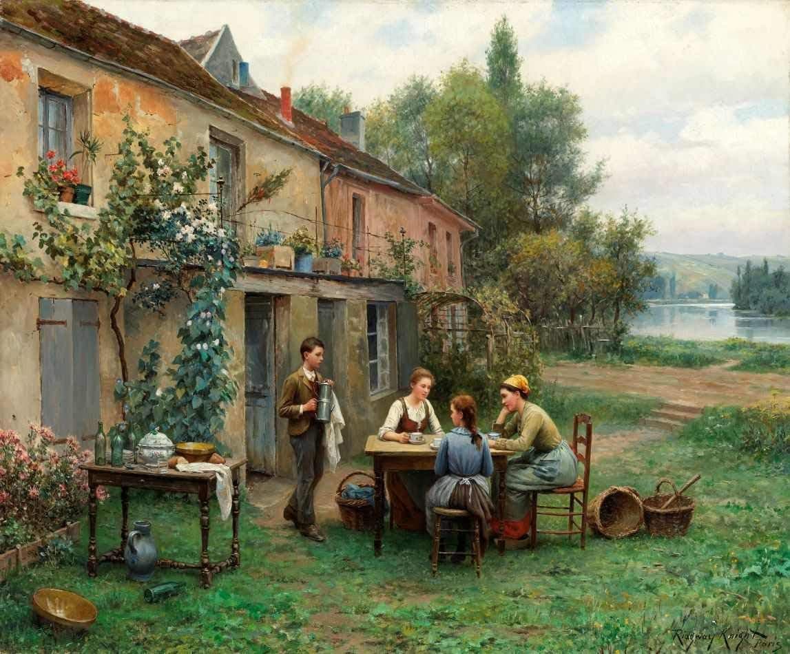 Café no Jardim de Daniel Ridgway Knight - 60x72 - Tela Canvas Para Quadro