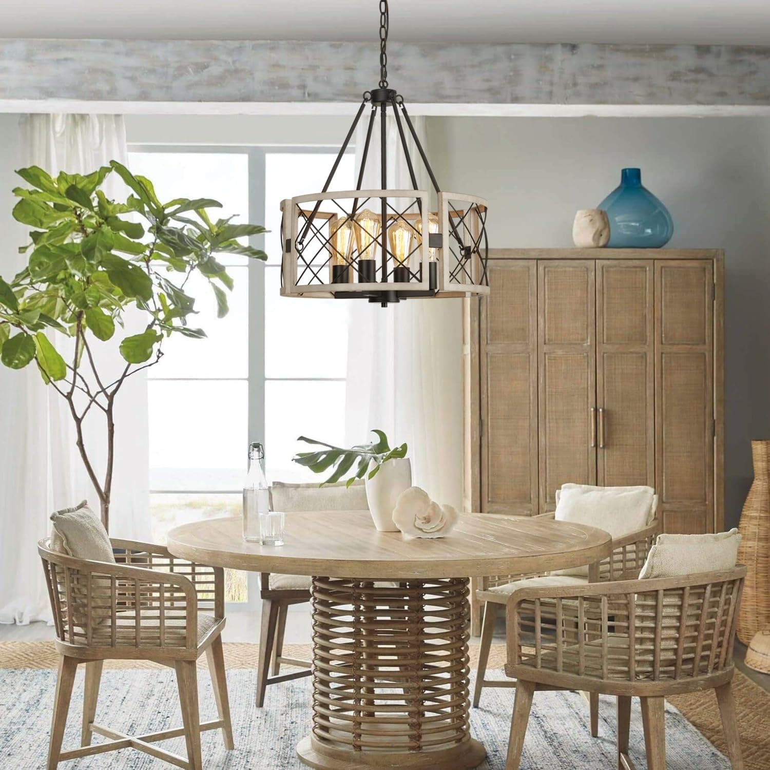 D19'' Lustre de casa de fazenda, 4 luzes ajustáveis para sala de jantar, iluminação de ilha de cozinha, luzes de suspensão rústicas para hall de entrada, quarto, sala de estar, carvalho - Imagem 3