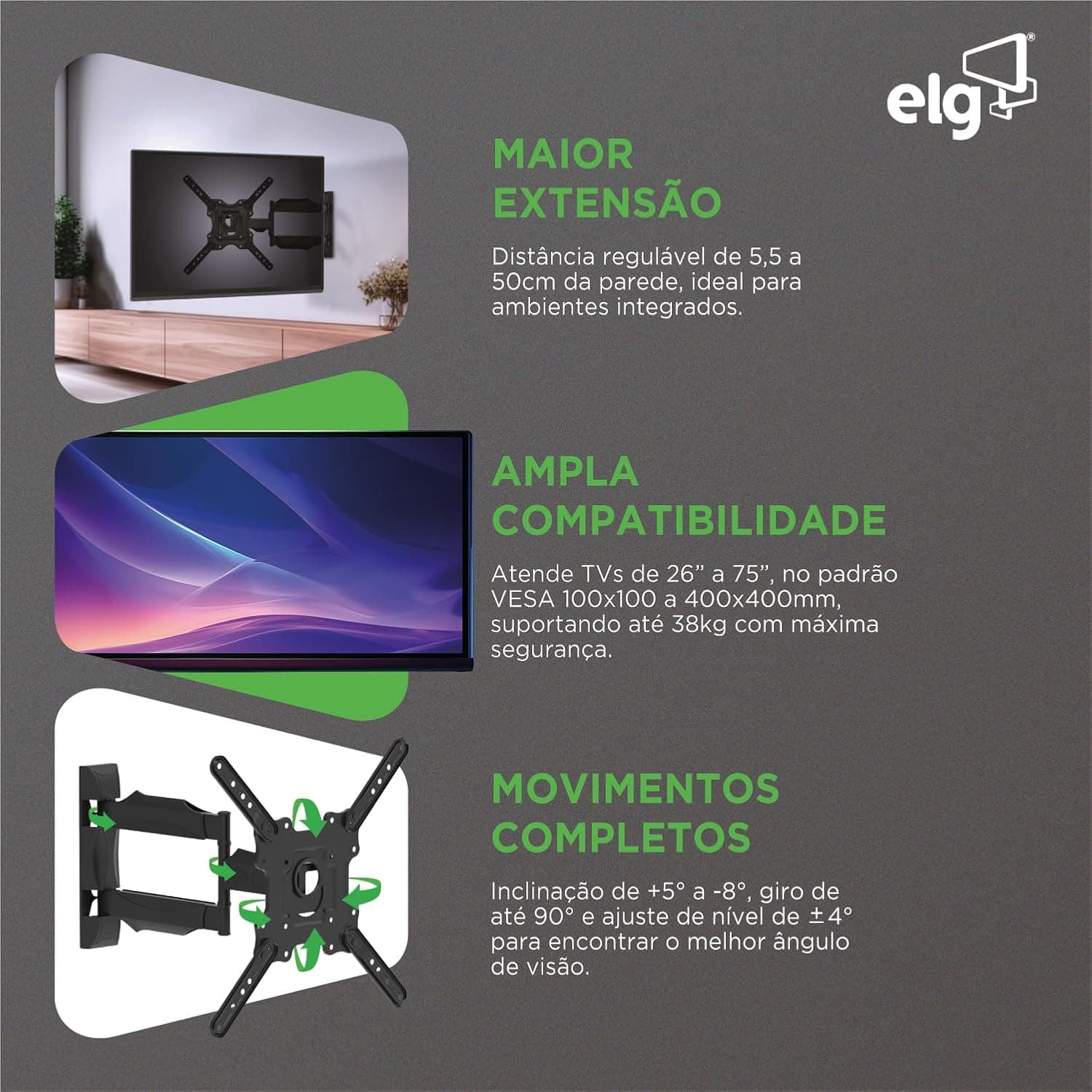 Suporte de TV Articulado de Parede, Função Avanço e Recuo, Giro Horizontal de Até 90°, VESA 100x100 a 400x400mm, 26" a 75", Preto, A02V4N, ELG - Imagem 4