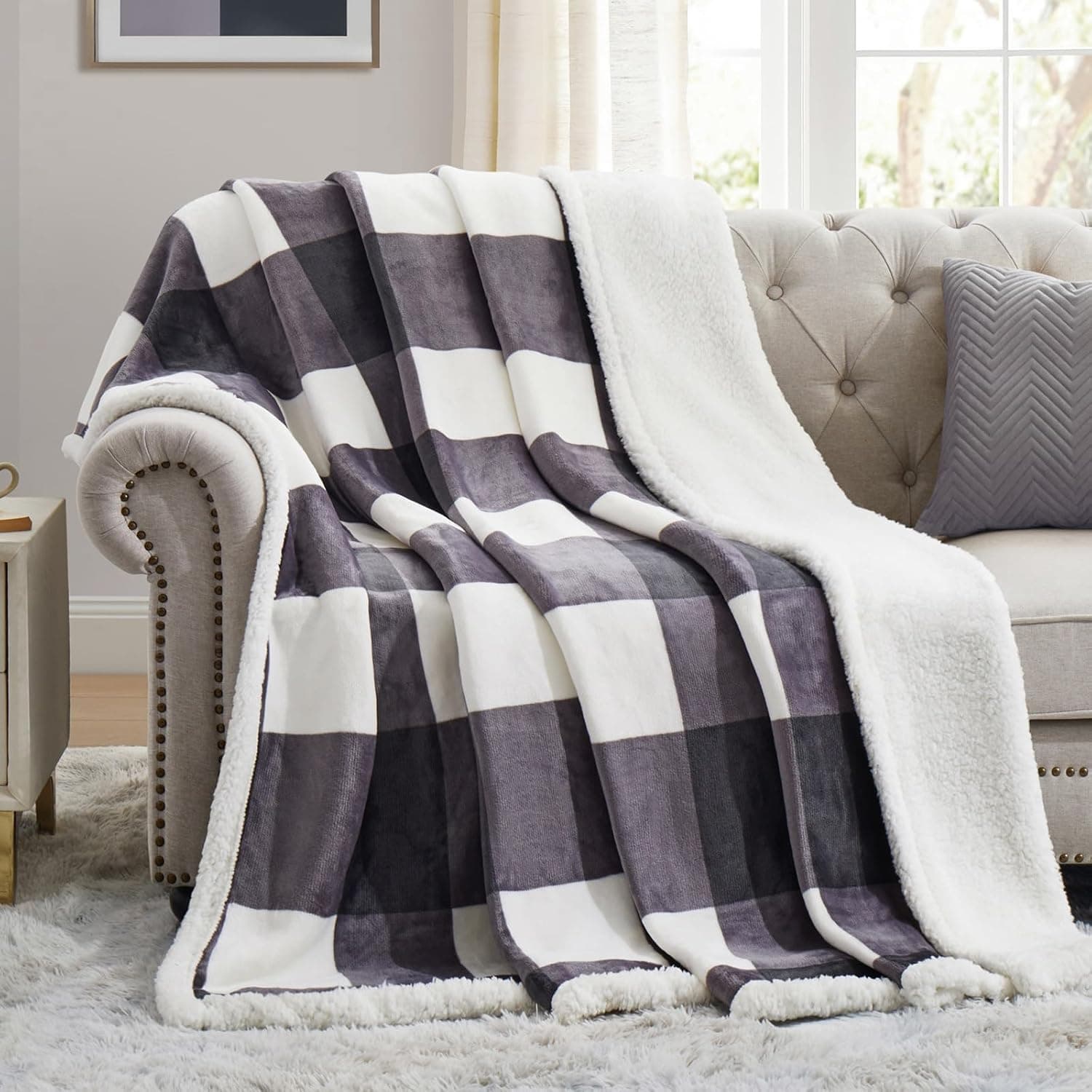 Cobertor sherpa da PU MEI, cobertor de cama de solteiro, xadrez, grosso, macio, quente, aconchegante, cinza, xadrez, 152 cm x 203 cm