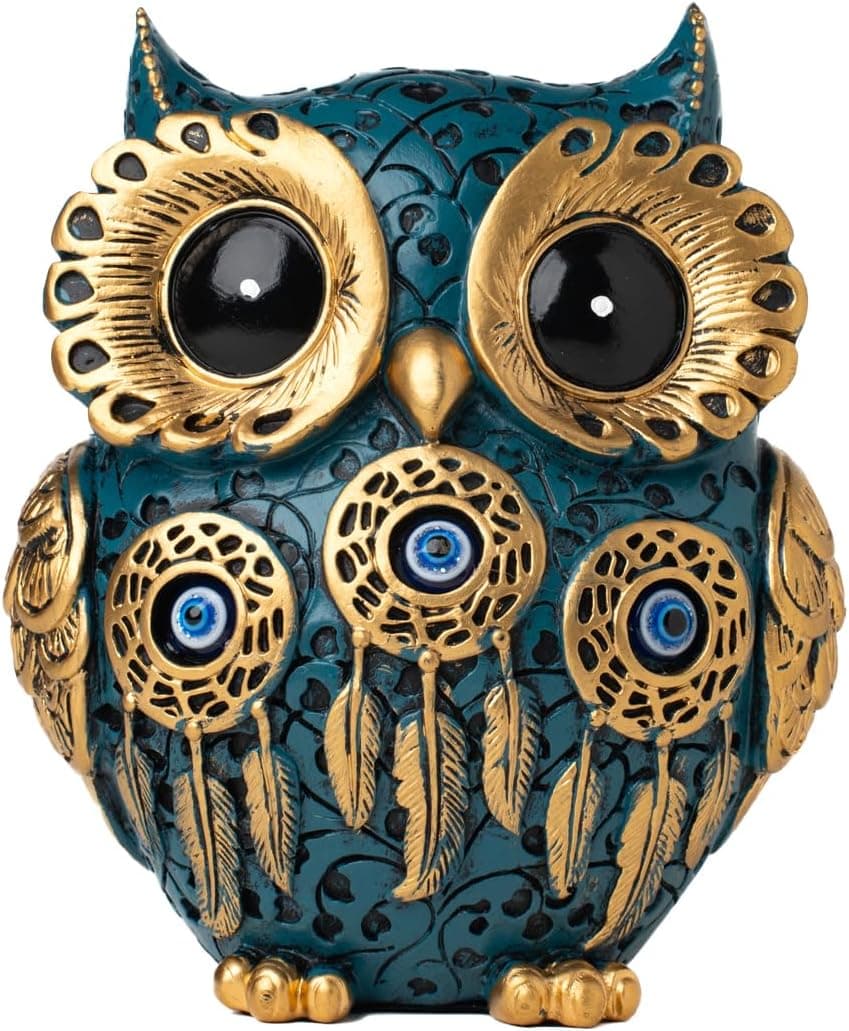 Estatueta decorativa de coruja, estátua vintage de coruja azul e dourada para decoração de casa - Detalhe de olho turco para estante, quarto, sala de estar, escritório e mesa. Presente bonito de