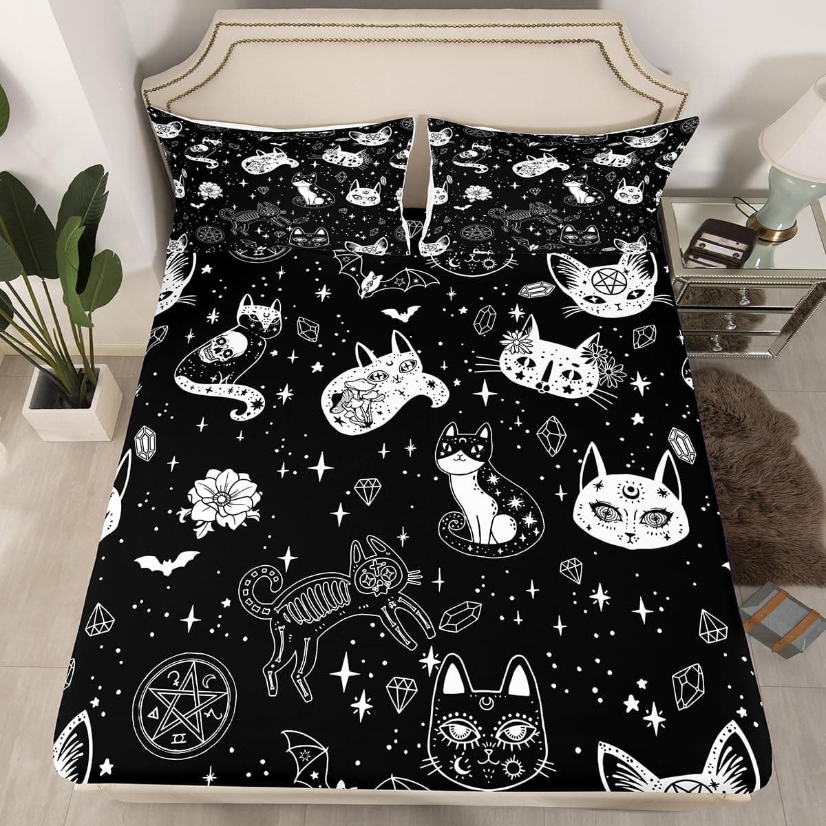 Conjunto de lençóis para cama de esqueleto de gato para crianças, tema de Halloween, conjunto de lençóis de caveira gótica, preto e branco, conjunto de lençóis para decoração de casa galáxia com bolso profundo, lençol de cima liso, tamanho solteiro - Imagem 3