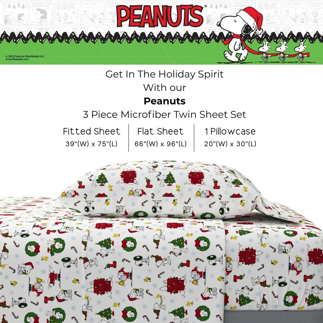 Conjunto de lençóis de microfibra Peanuts Snoopy Christmas Holiday – Twin, conjunto de 3 peças (produto oficial Peanuts) da Franco Collectibles - Imagem 3