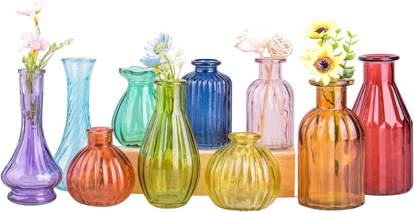 Eleganttime Vasos de botão para flores, vaso de vidro colorido em grande quantidade de 10, pequeno frasco vintage para decorações de casamento, decoração de jardim e casa, peças centrais, decoração mexicana colorida