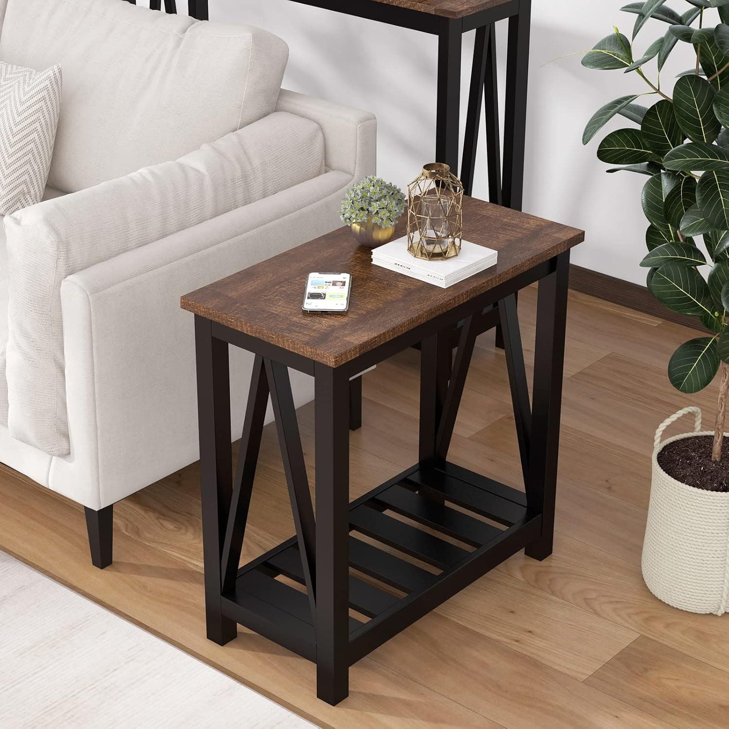 ChooChoo Mesa de extremidade da fazenda, Mesa lateral estreita vintage rústica com prateleira de armazenamento para espaços pequenos, Mesa de sofá para sala de estar, quarto preto - Imagem 3