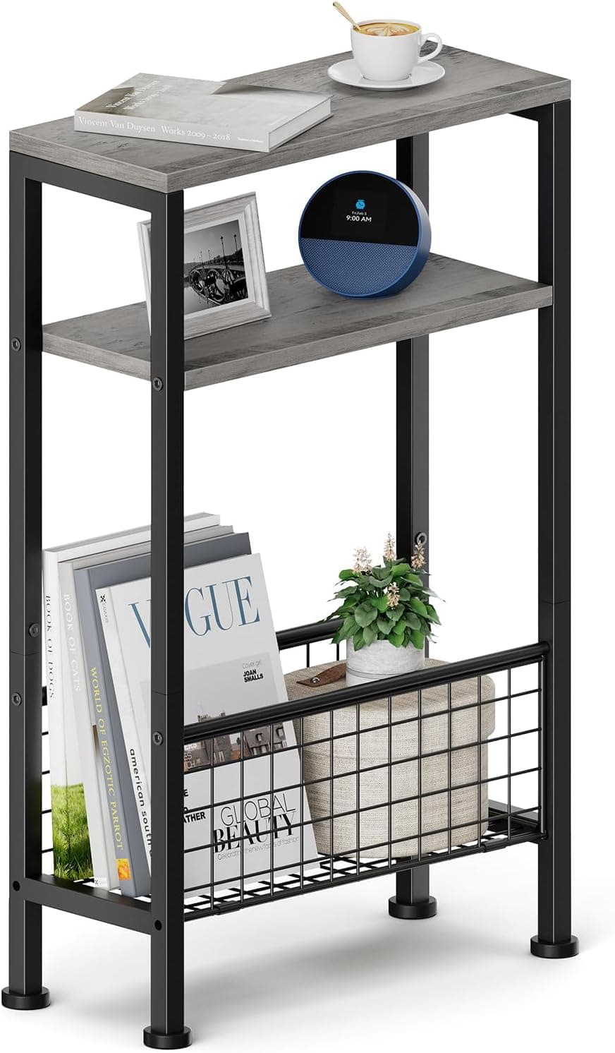 Karii Mesa lateral estreita, mesa de canto fina para pequenos espaços com armazenamento, mesa de cabeceira fina de madeira de 3 andares para sala de estar, quarto, escritório, dormitório, cozinha